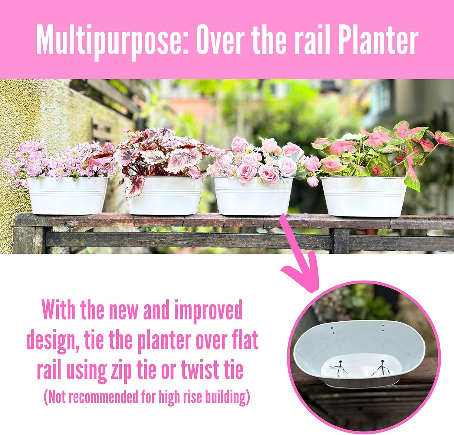 Lalagreen Rail Planter Outdoor Plants (8 Pack, 11.8 Inch) White Metal Iron Hanging Flower Pots Deck Railings Fence Buckets Modern Countryside Boho Style Wall Mount Window Box Holder Hooks Porch Decor - White image number 5