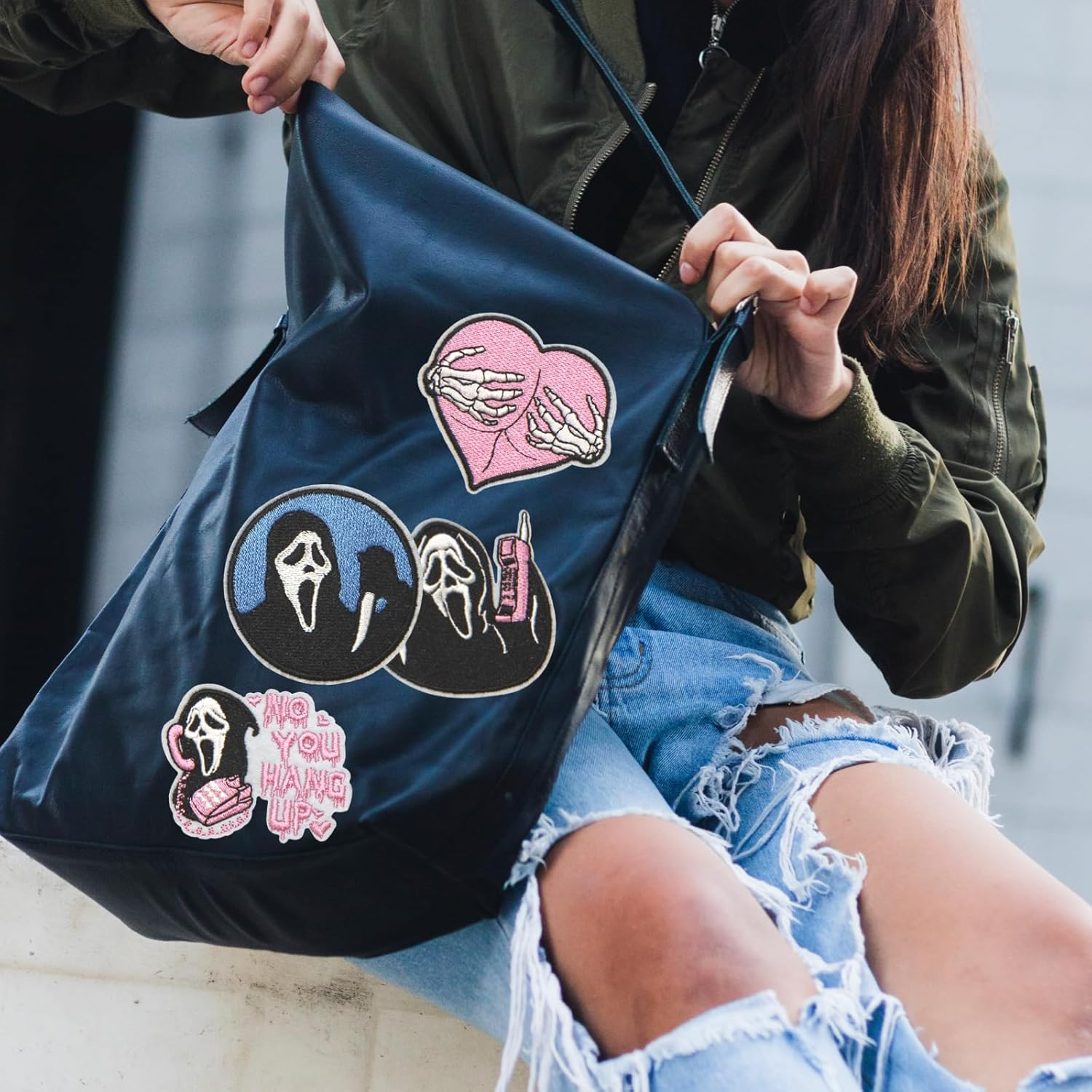 HEYTRCO 8PCS Ghost Iron on Patches, Scary Pink Blue Dark Hang up Embroidered Repair Patches for Clothes, Vintage Custom Badge Heart Applique for Hats, Jeans, Jackets, Bags, Backpacks, Dress, Shoes image number 4