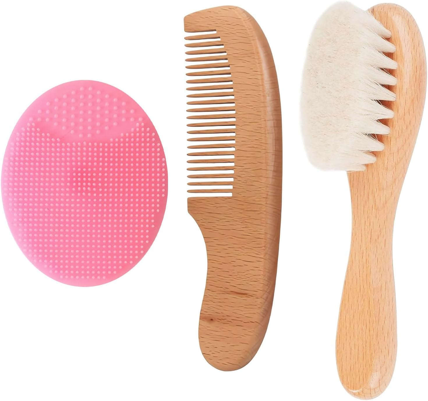 Baby Hair Brush, 3Pcs Baby Brush for Newborns, Cradle Cap Brush, Baby Hair Comb Set, Goat Bristles Comb, Silicone round Teeth Cradle Cap Brushs, for Newborns and Toddlers Hair Massage image number 4