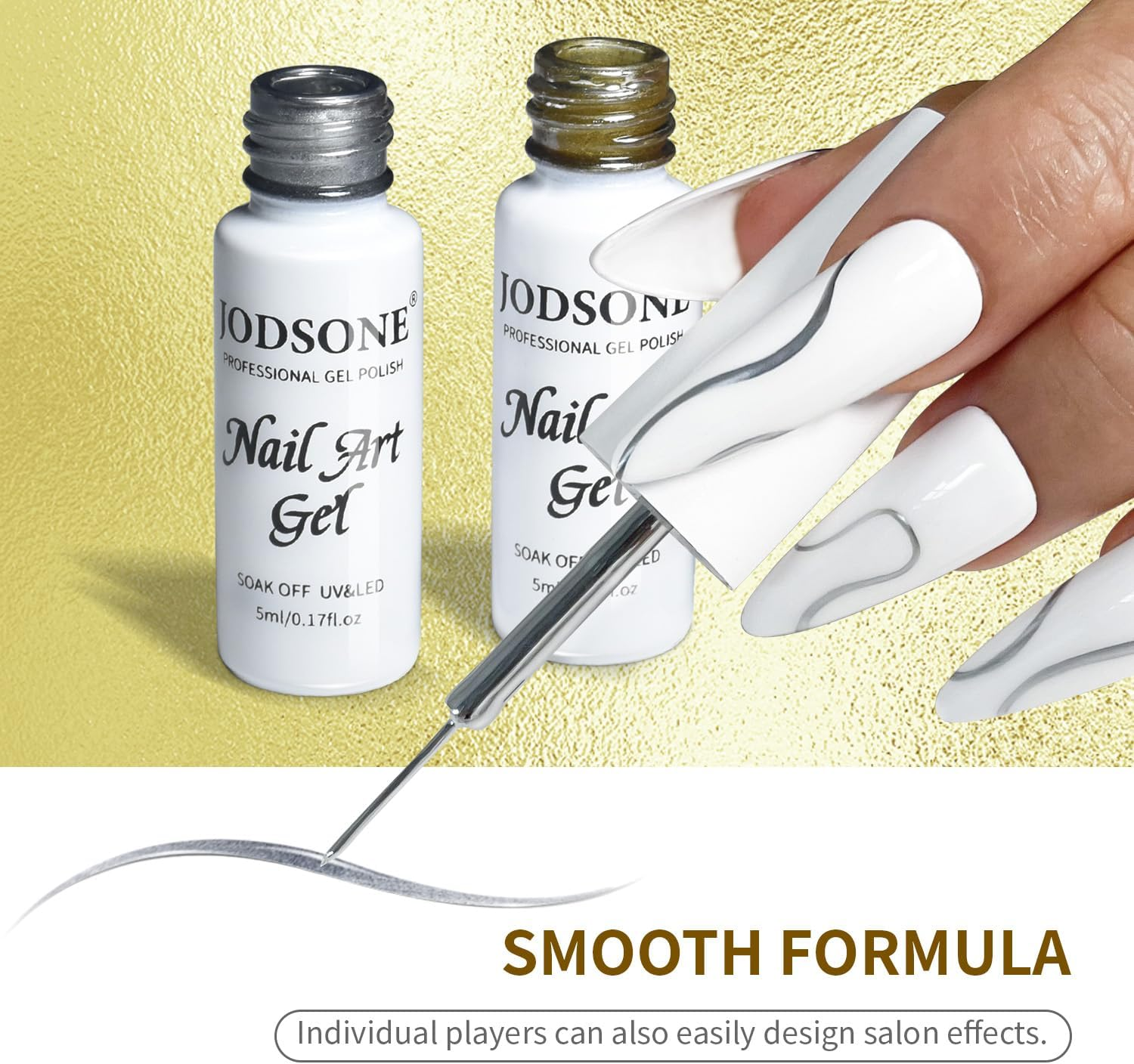 JODSONE 2Pcs Metallic Nail Art Gel Liner Gold Mirror Chrome and Silvery 3D Effect Gel Nail Polish Thin Brush Metal Painted DIY at Home Salon image number 3