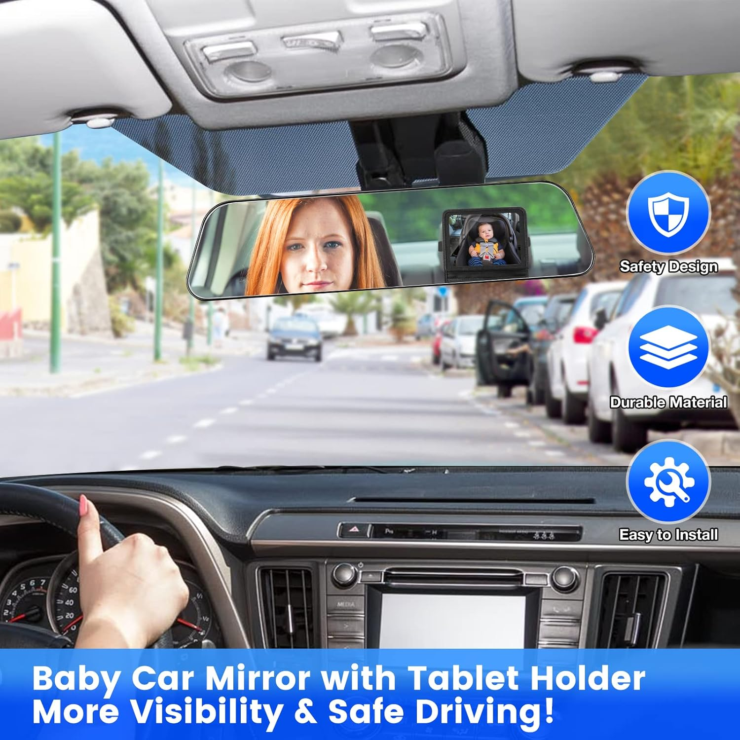 Baby Car Mirror with Adjustable Tablet Holder, Road Trip Essentials for Kids, Backseat Mirror to See Rear Facing Infant, Ipad Case for Car Headrest image number 2