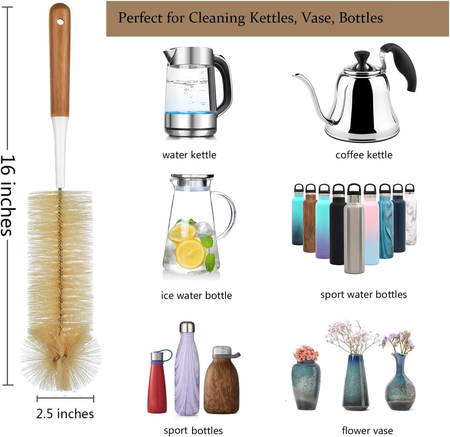 Alink 5-Pack Bottle Brush Cleaner - Long Bamboo Handle Water Bottle Straw Cleaning Brush for Washing Narrow Neck Beer Wine Decanter, Baby/Sports Bottle, Kombucha,Thermos, Contigo image number 1