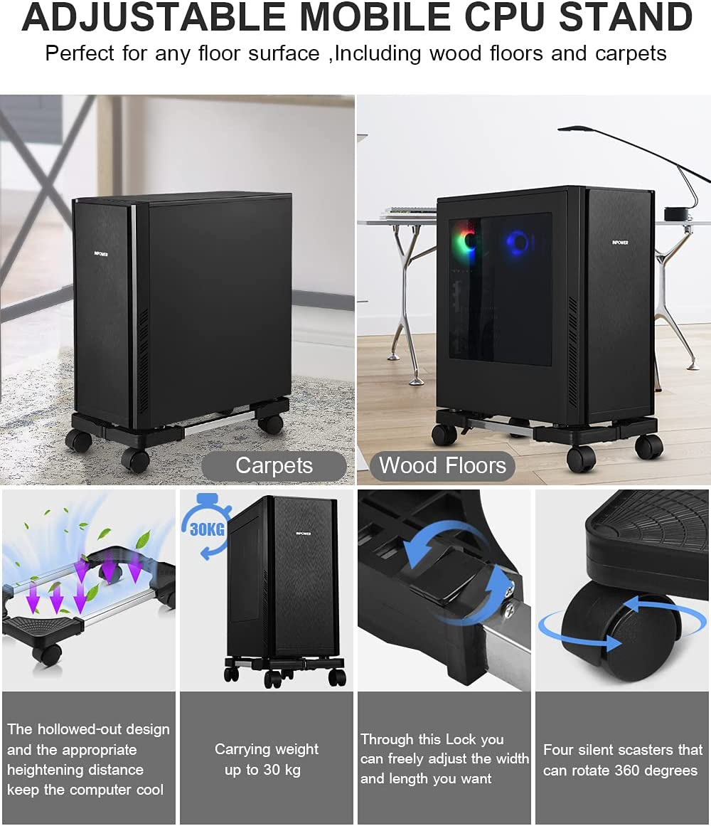 Computer Tower Stand, Adjustable Mobile CPU Stand with Rolling Caster Wheels, Premium PC Tower Stand Holder for Floor Carpet Gaming PC Case - Black image number 4