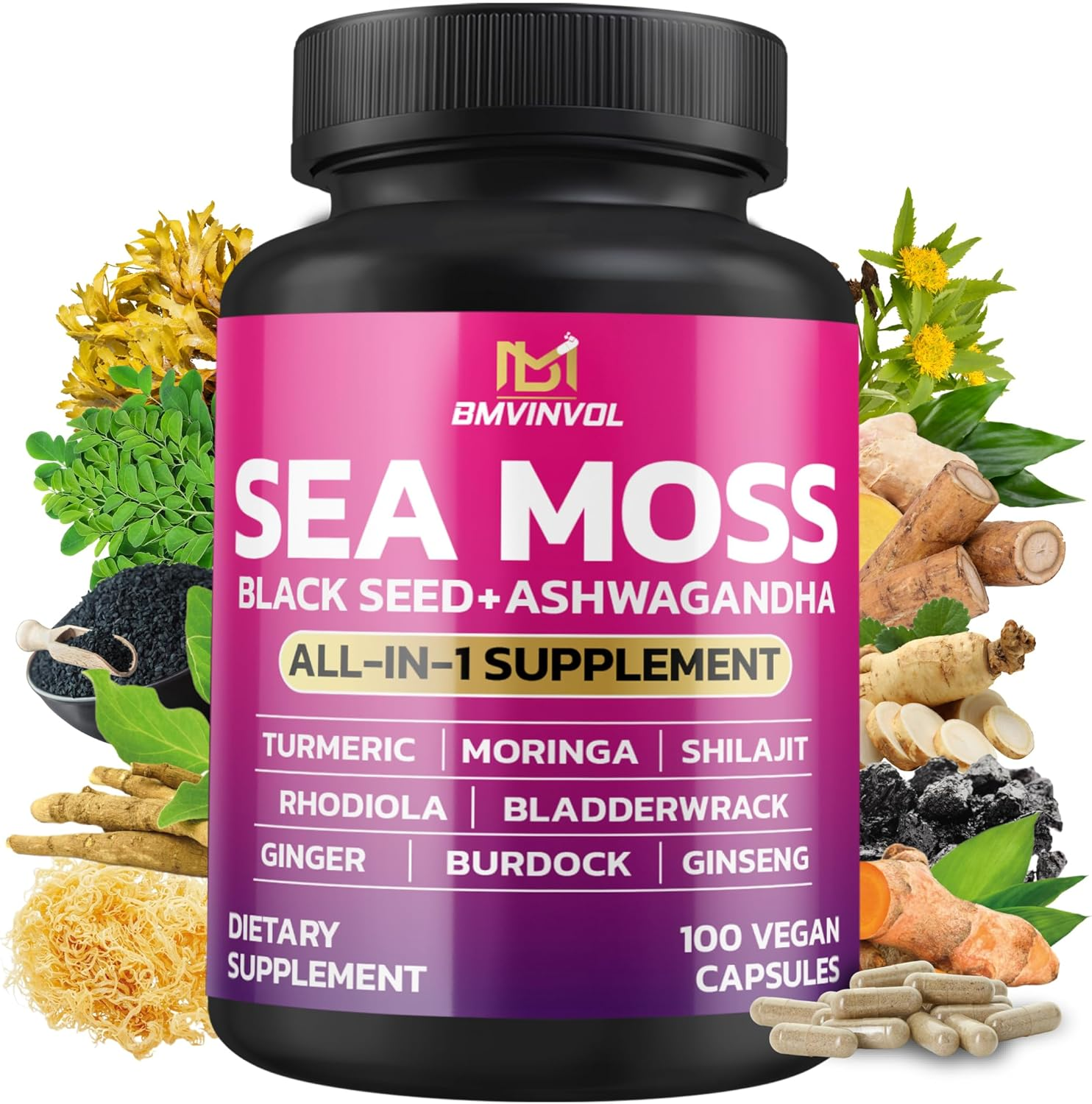BMVINVOL Sea Moss 6000Mg Black Seed 4000Mg Shilajit 2000Mg Ashwagandha 2000Mg + Bladderwrack, Ginger, Moringa, Turmeric, Burdock, Ginseng, Rhodiola Rosea - 100 Capsules image number 3