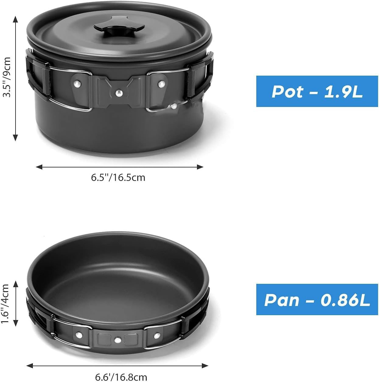 15Pcs Camping Cookware Mess Kit, Non-Stick Lightweight Pot Pan Kettle Set with Stainless Steel Cups Plates Forks Knives Spoons for Camping,Outdoor Cooking and Picnic (Black) image number 6