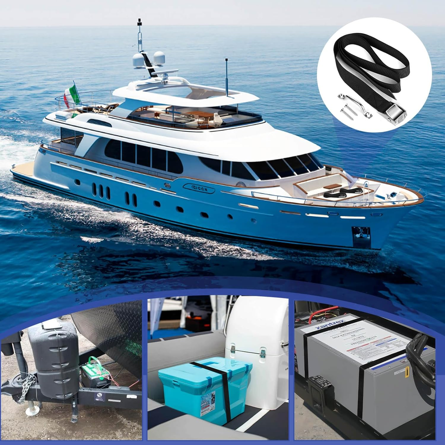 2 Sets 1"X 78"(6.5Ft) Battery Tie down Straps Kit with Stainless Steel Cam Buckle for Boats, Hold down with SS Screws for Cooler, Box, Fuel Tank, Luggage Belt, Cars image number 2