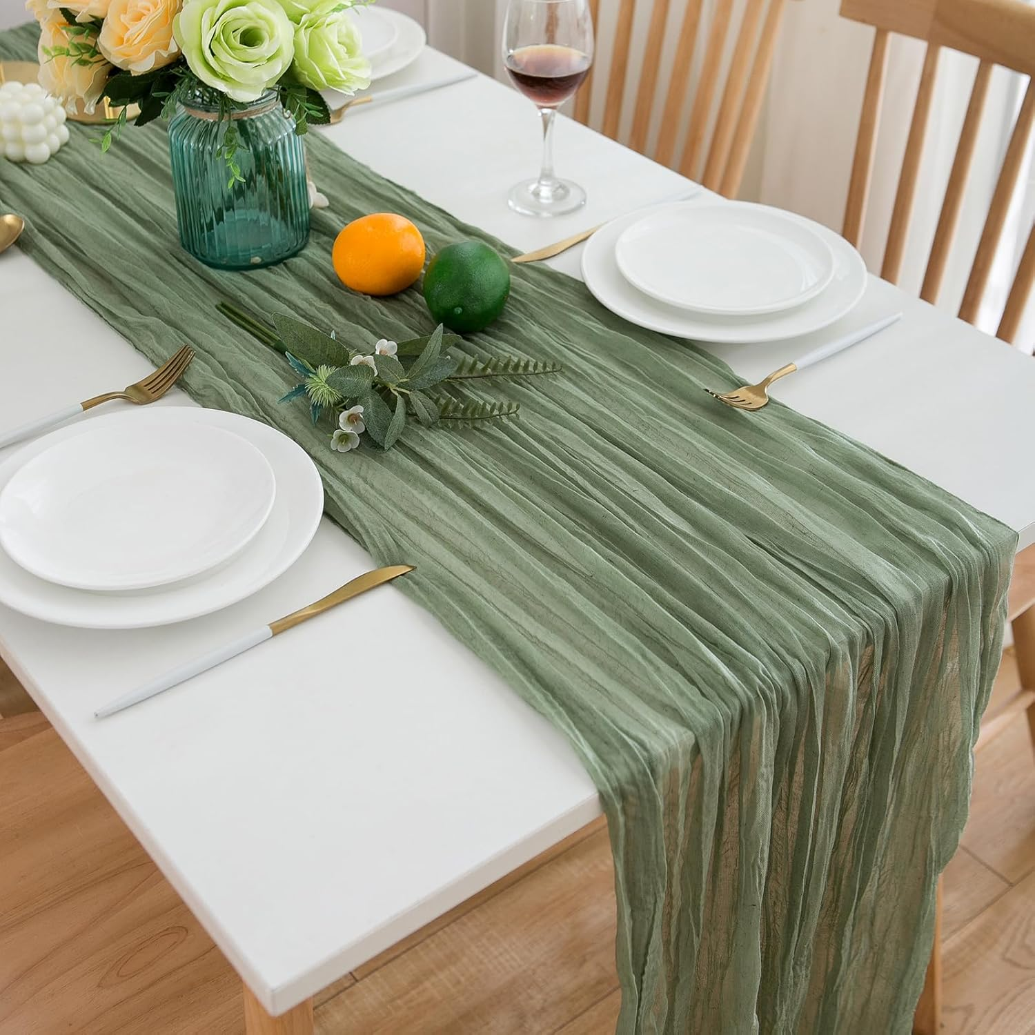 CHUQING Cheesecloth Table Runner Sage Green 27 X 118 Inch Cheese Cloth Boho Rustic Gauze Table Runner for Wedding Spring Easter image number 2