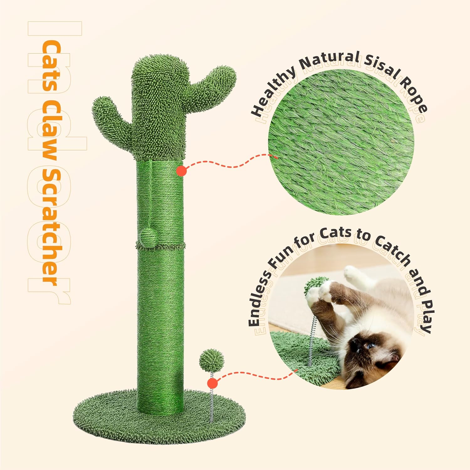 PAWZ Road Cactus Scratching Posts, Creative Scratching Posts, Stylish Cat Tree, Large with Ball H: 85Cm/33.5" Green image number 1