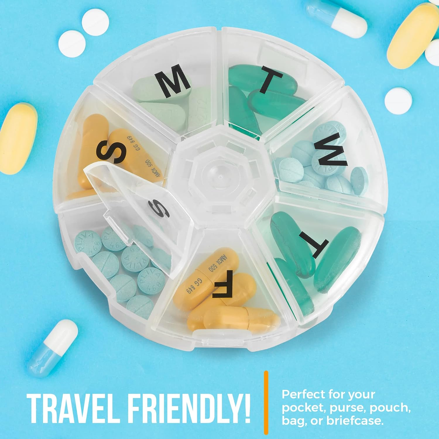 Weekly Pill Organizer - Pack of 2 - Large round Travel Medication Reminder Daily Monday to Sunday Compartments, 7 Days image number 2