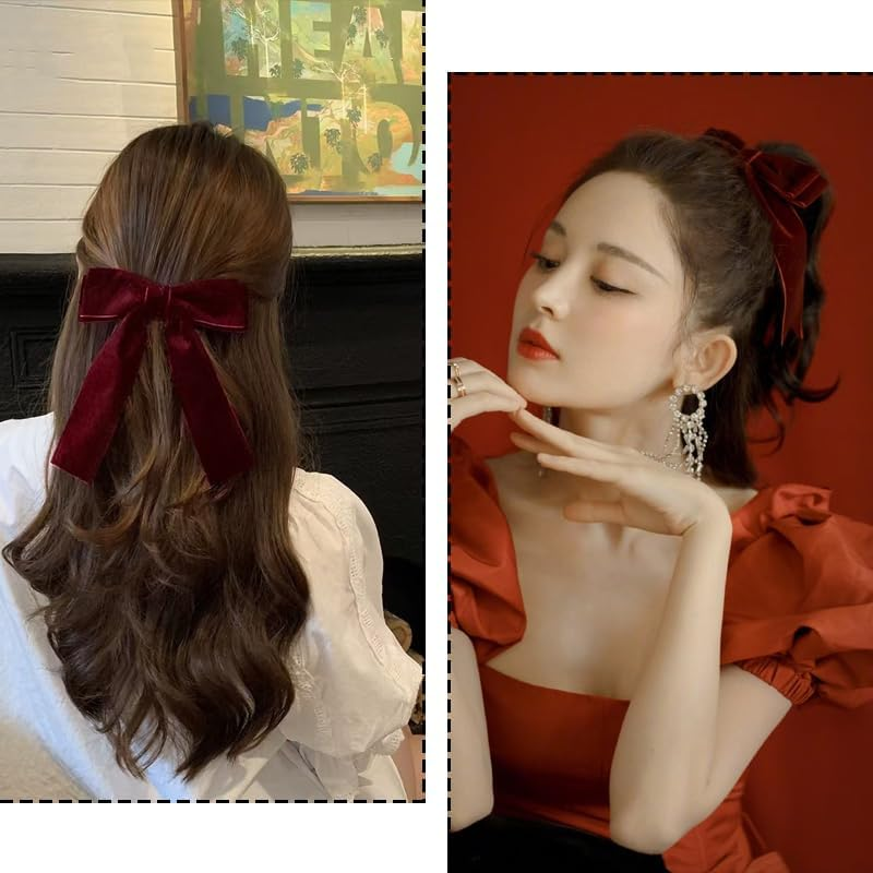 Velvet Bows for Girls Red Ribbon Bow Hair Clip Long Tail French Hair Barrettes for Women Velvet Christmas Bows for Hair Dark Red Bow Hair Accessories for Toddlers Alligator Clip image number 4