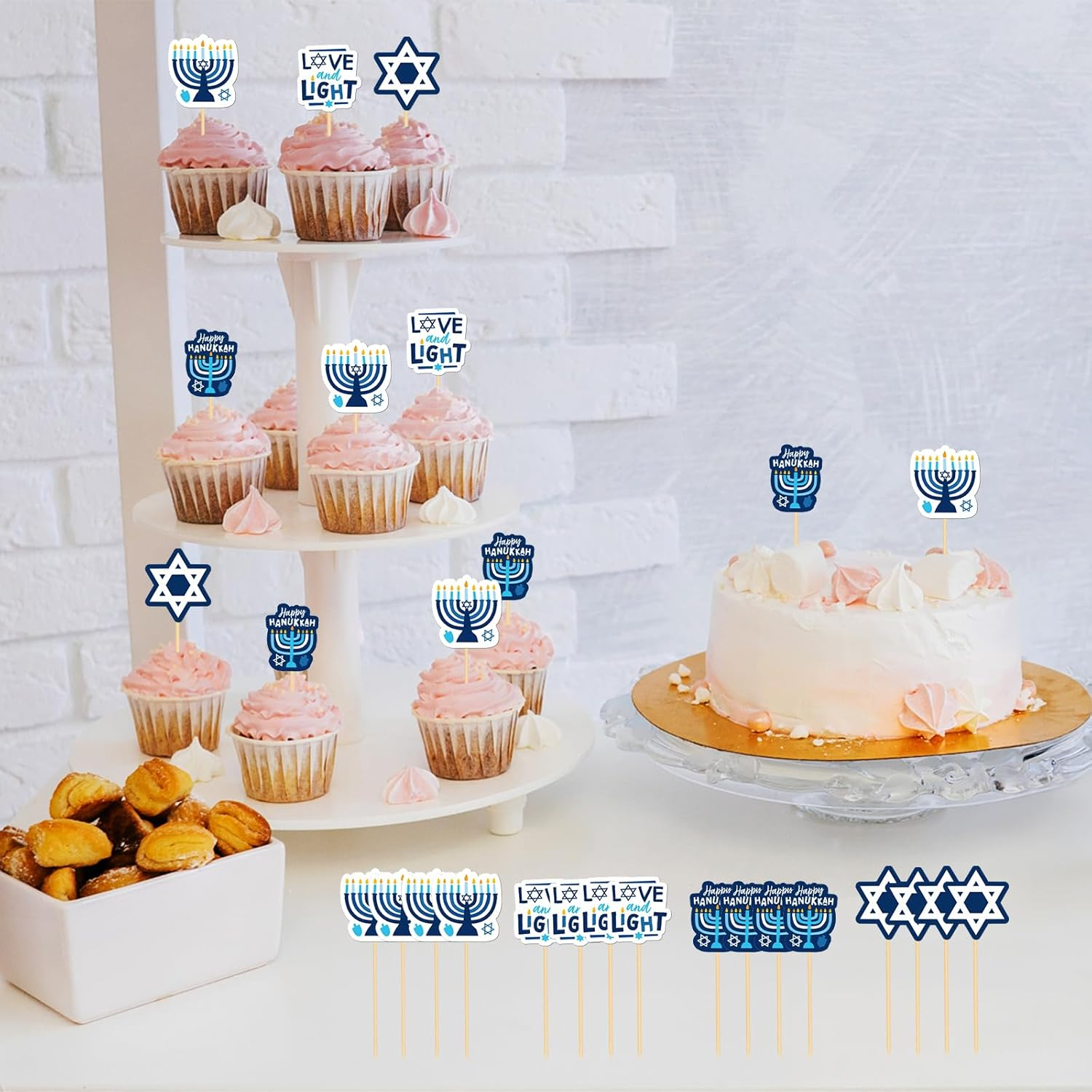 24Pcs Hanukkah Cupcake Toppers for Hanukkah Party Decorations Candlestick Hexagram Cake Decor for Chanukkah Theme Party Supplies image number 4