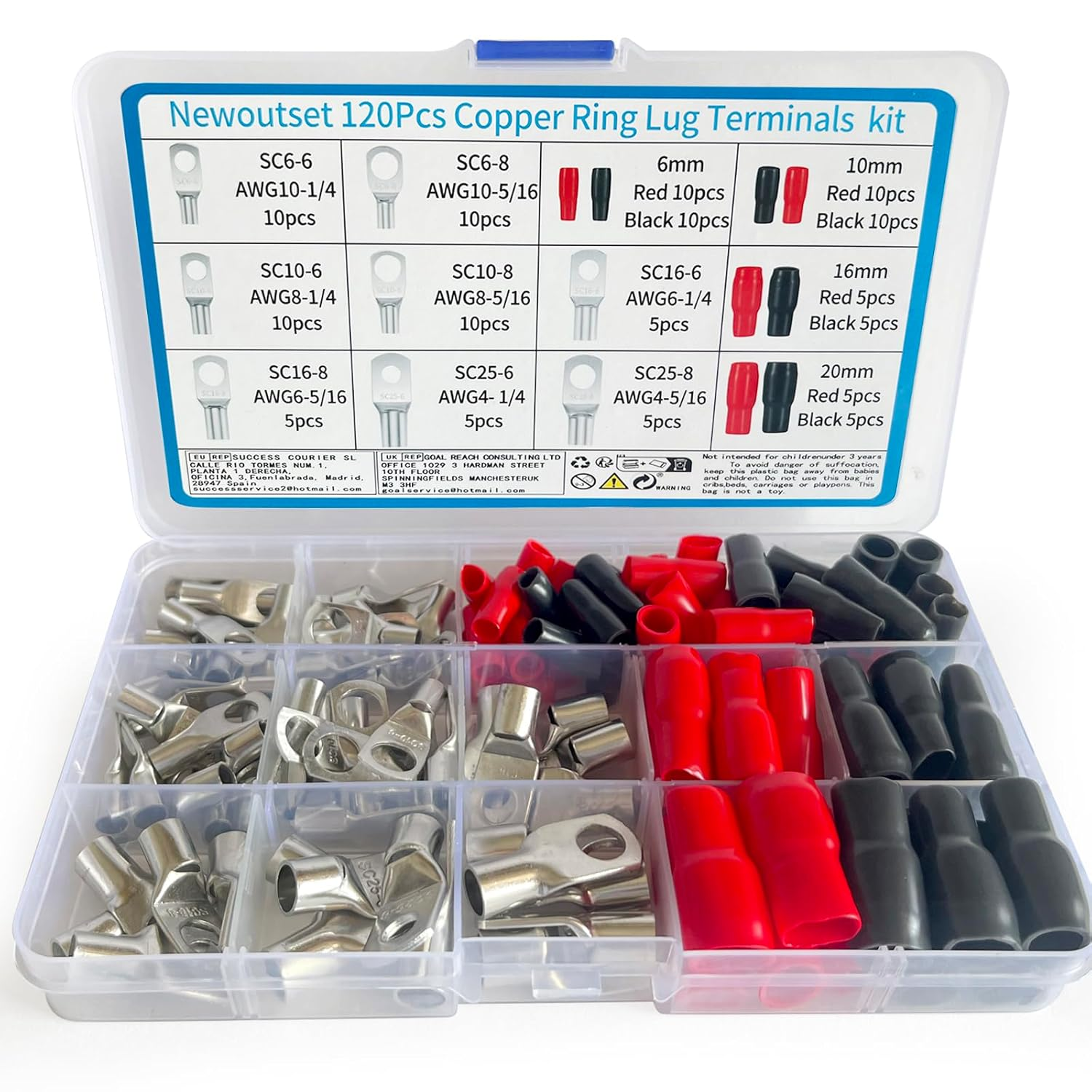 Fullfun 120PCS Tinned Battery Cable Ends, 6~25Mm&sup2; Copper Ring Terminals Connectors, Wire Lugs Assortment Kit and Heat Shrink Tubing