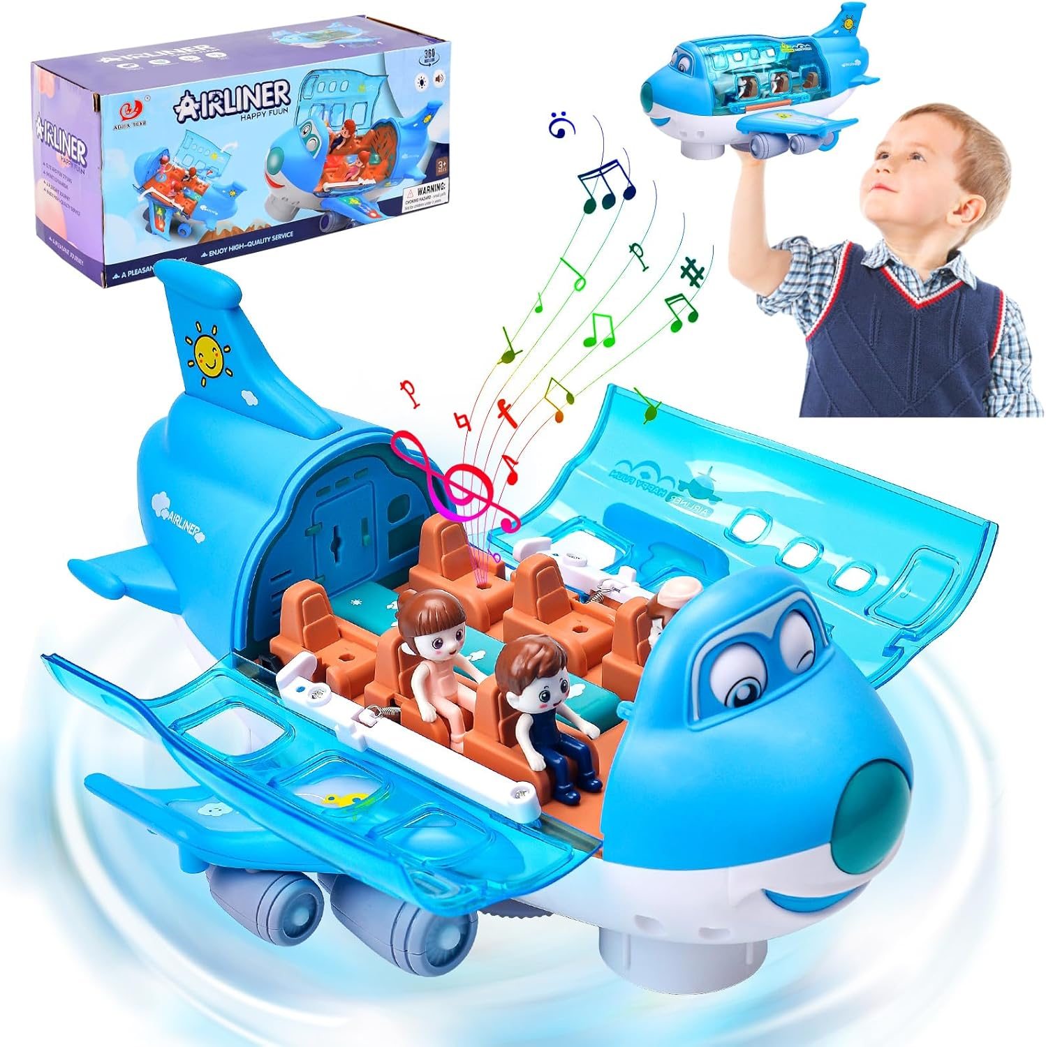 Electronic Plane Toy with Flashing Lights Music, Crawling Toy, 360&deg; Rotating Electric Aeroplane Toy, Children'S Toy from 1-3 Years (Blue) image number 6