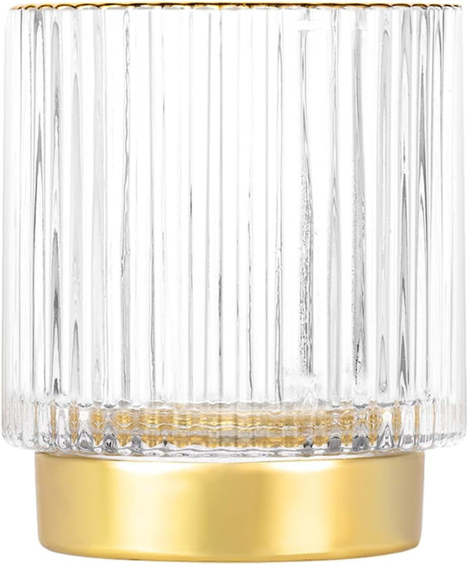 DASITON Makeup Brush Holder Organizer,Crystal Cosmetic Makeup Brush Glass Brushes Storage Holder,Vintage Makeup Brush Cup Pen Pencil Holder Striped Vase(Coffee L)