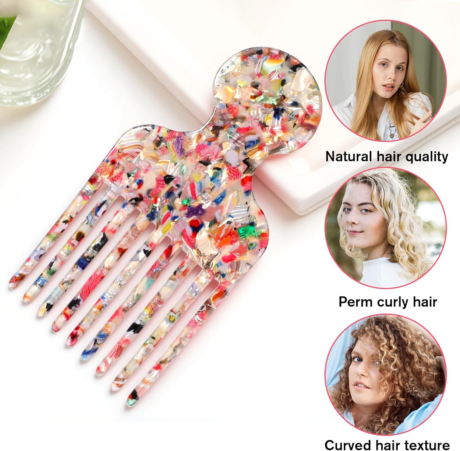 Afro Hair Pick Comb for Women Men 4.8'' Detangling Lifting Combs Wide Tooth Comb for Curls Acetate Combs Hair Styling Tool(Colorful) image number 2