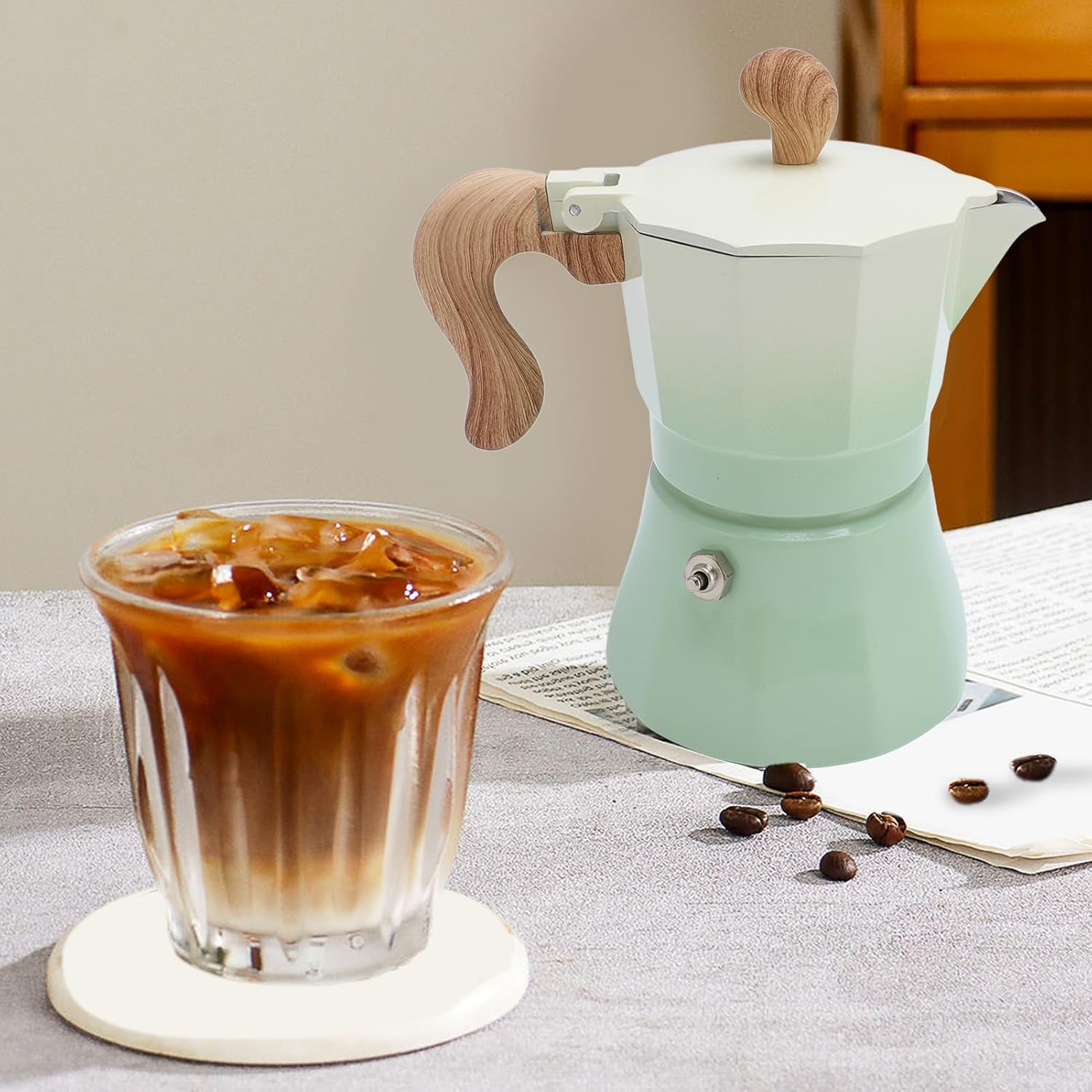 Stovetop Espresso and Coffee Maker, 150ML Household Stovetop Espresso Maker and Percolator, Single Valve Aluminum Moka Pot Coffee Machine for Lovers Beginners (Gradient Green) image number 1