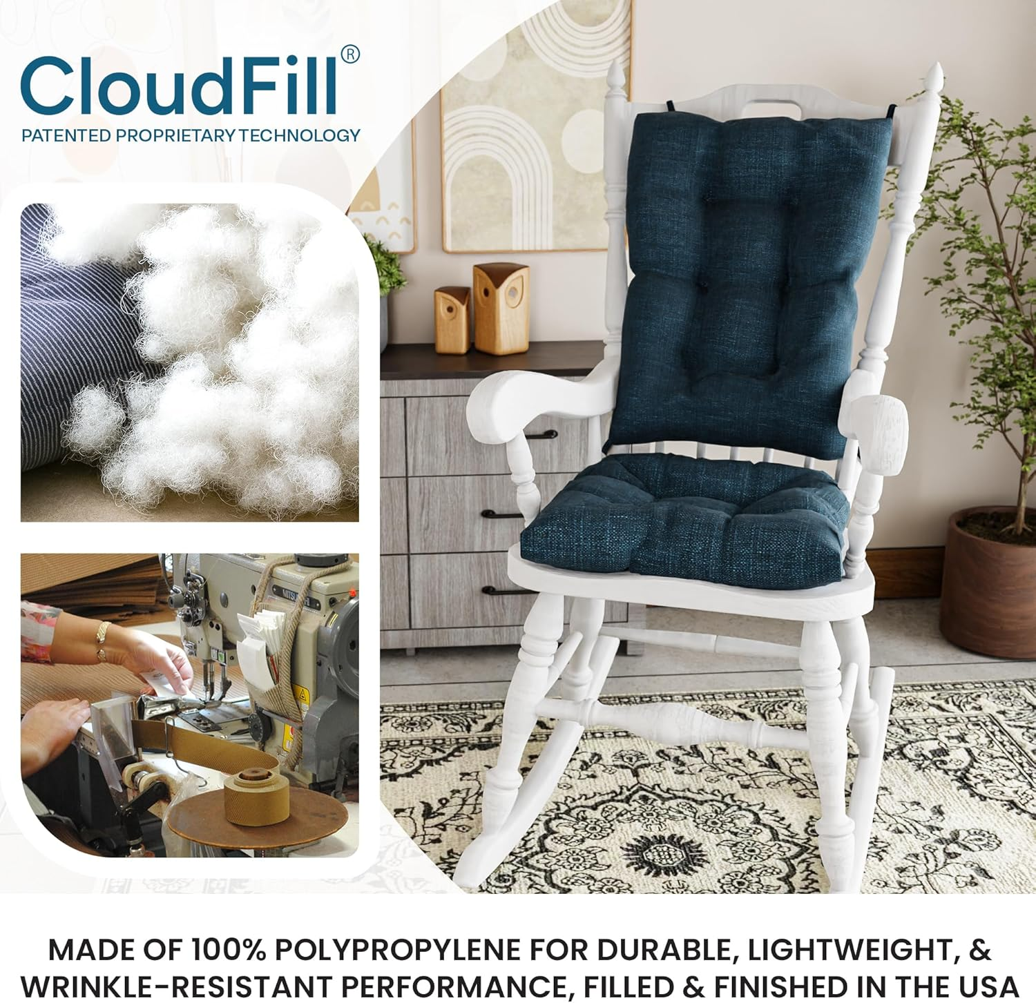 The Gripper Twill Jumbo XL Non-Slip Rocking Chair Cushion Set with Thick Padding, Includes Seat Pad & Back Pillow with Ties for Indoor Living Room Rocker, 17X17 Inches, 2 Piece Set, Sapphire - Mastic Green image number 3