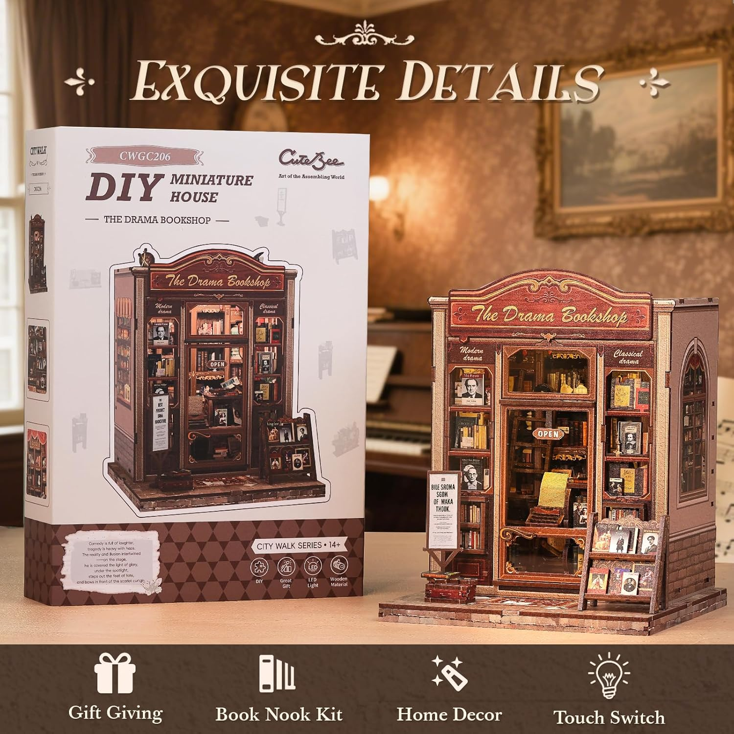 CUTEBEE Book Nook Kit - DIY Miniature House Dollhouse Kit for Adults and Teens, Booknook Tiny House Bookshelf Decor 3D Wooden Puzzle for Family, Friends (The Drama Bookshop) image number 4
