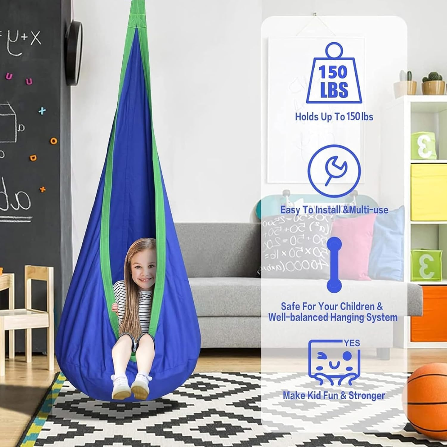 Sensory Swing, Kids Pod Swing Seat, 100% Cotton Child Hanging Hammock Chair for Indoor Outdoor with Inflatable Pillow and All Accessories, Rope Hanging Swing Seat Nest, Max 150Lbs(Light Blue) image number 2