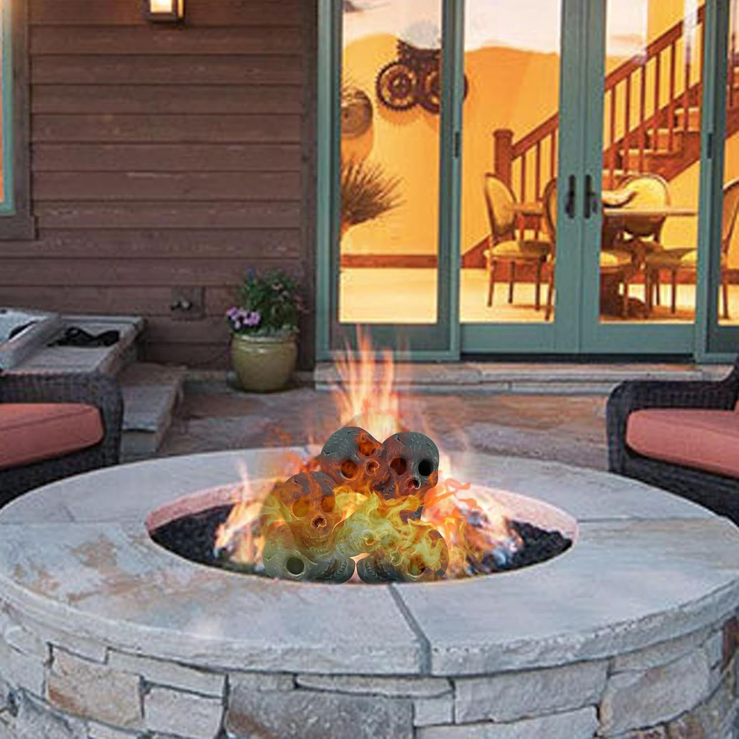 Skeleton Head Fire Pit,Ceramic Fireproof Fire Pit Skull Log - Reusable Imitated Human Skull Stone Barbecue Simulation Skull Props for Halloween Decor, Borato image number 2