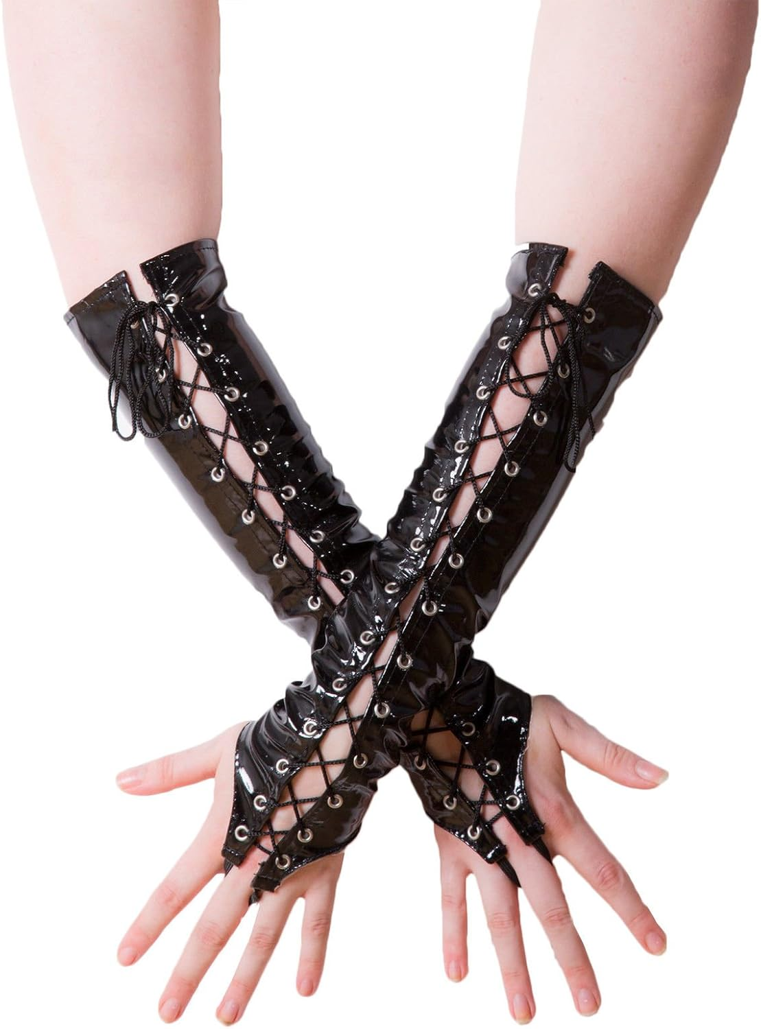 Fashion Queen Women'S Sexy PVC Gloves Pole Dancing Lace up Fingerless Gloves