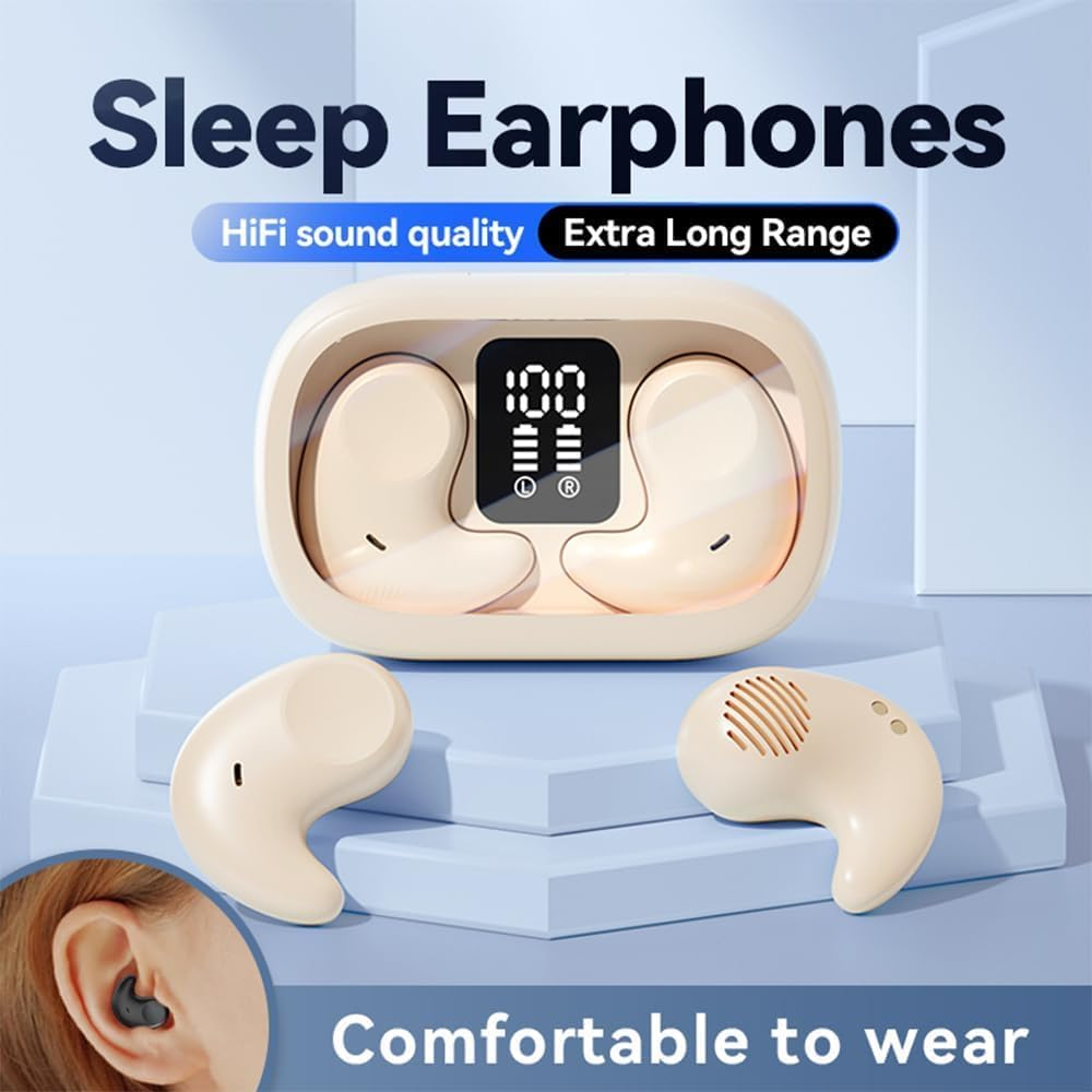 Sleep Earbuds Bluetooth in Ear Light-Weight Headphones, Mini Invisible Earplugs Small Design for Side Sleepers, 58H Playtime with Charging Case, Clear Calls Noise Blocking Sleeping Earphones (Beige) - Beige image number 5