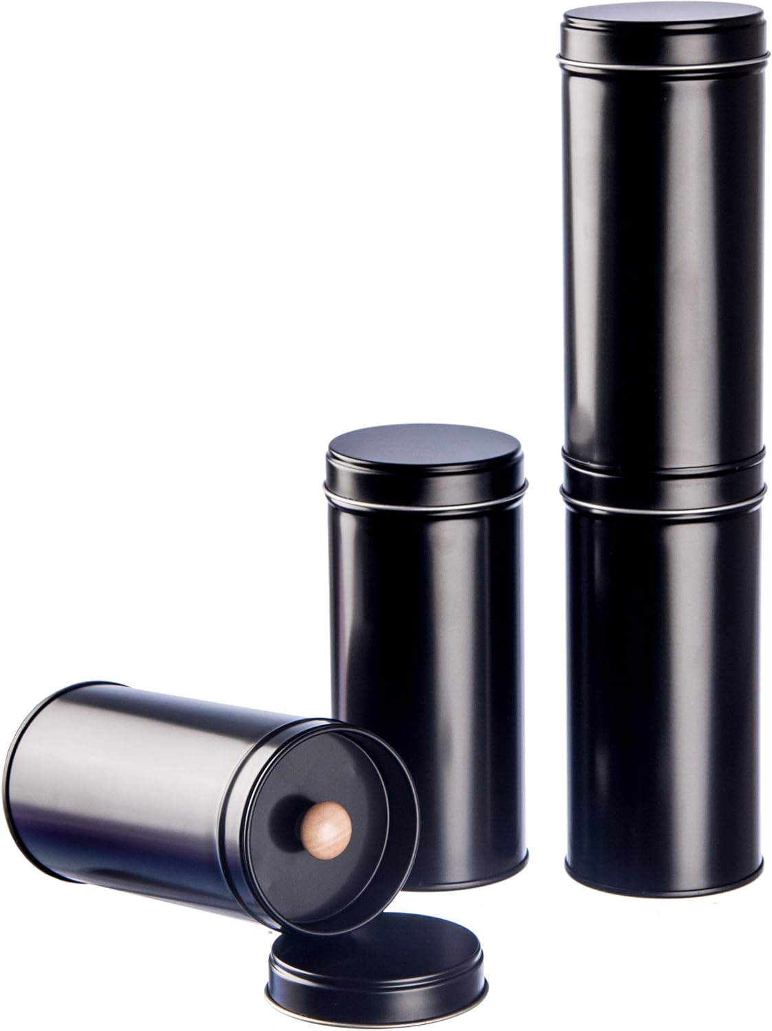 12 Narrow Tea Canisters Black for Loose Tea with Extra Aroma Lid Including Labels | Stackable | Height: Approx. 14 Cm, Diameter Approx. 6.6 Cm (For Approx. 100G Tea) | Material: Tin Plate | Bpa-Free and Food-Safe image number 3