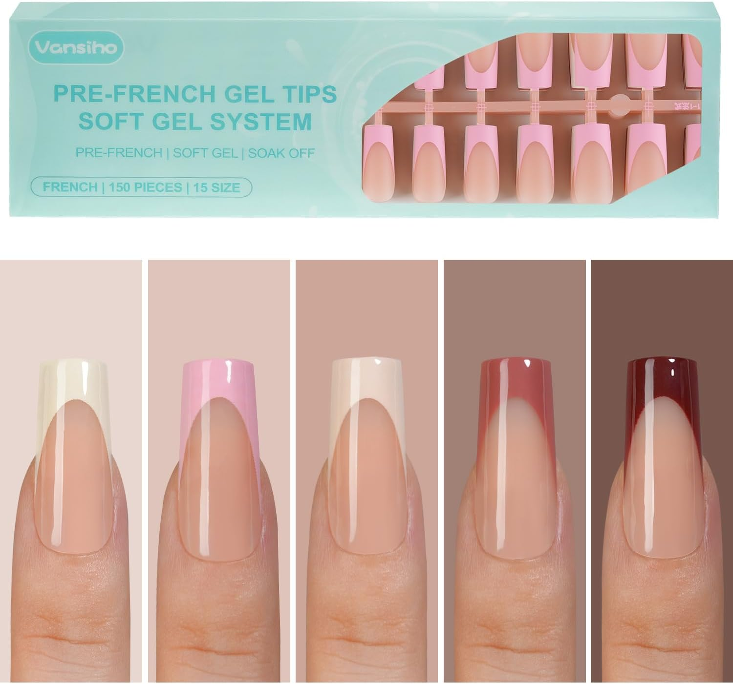 150 Pcs French Nail Gel Tips Long Square Nail Tips Pre-French Tips Press on Nails False Nails for DIY Nail Art in 15 Sizes