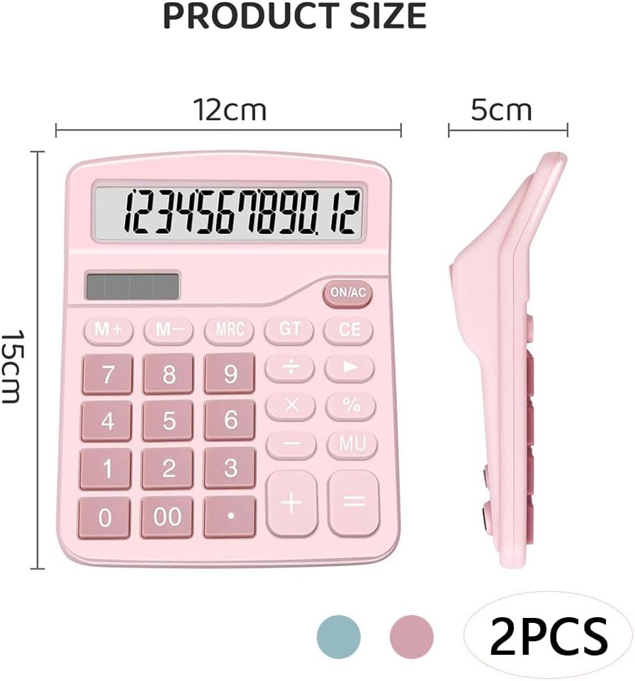 2-Pack Desktop Calculators &ndash; Dual Power Solar & AA Battery, 12-Digit Large LCD Display, Sensitive Buttons &ndash; Perfect for Office, School, Home Use (1 Blue & 1 Pink) image number 5