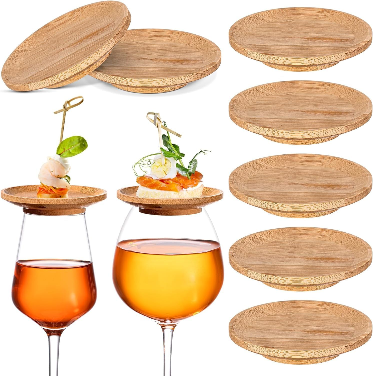 Cozioz 8-Piece 10 Cm Wine Glass Charcuterie Topper Set - Bamboo round Wine Glass Appetizer Plates for Dual Use at Family Gatherings, Bars, and Restaurants，Large image number 6