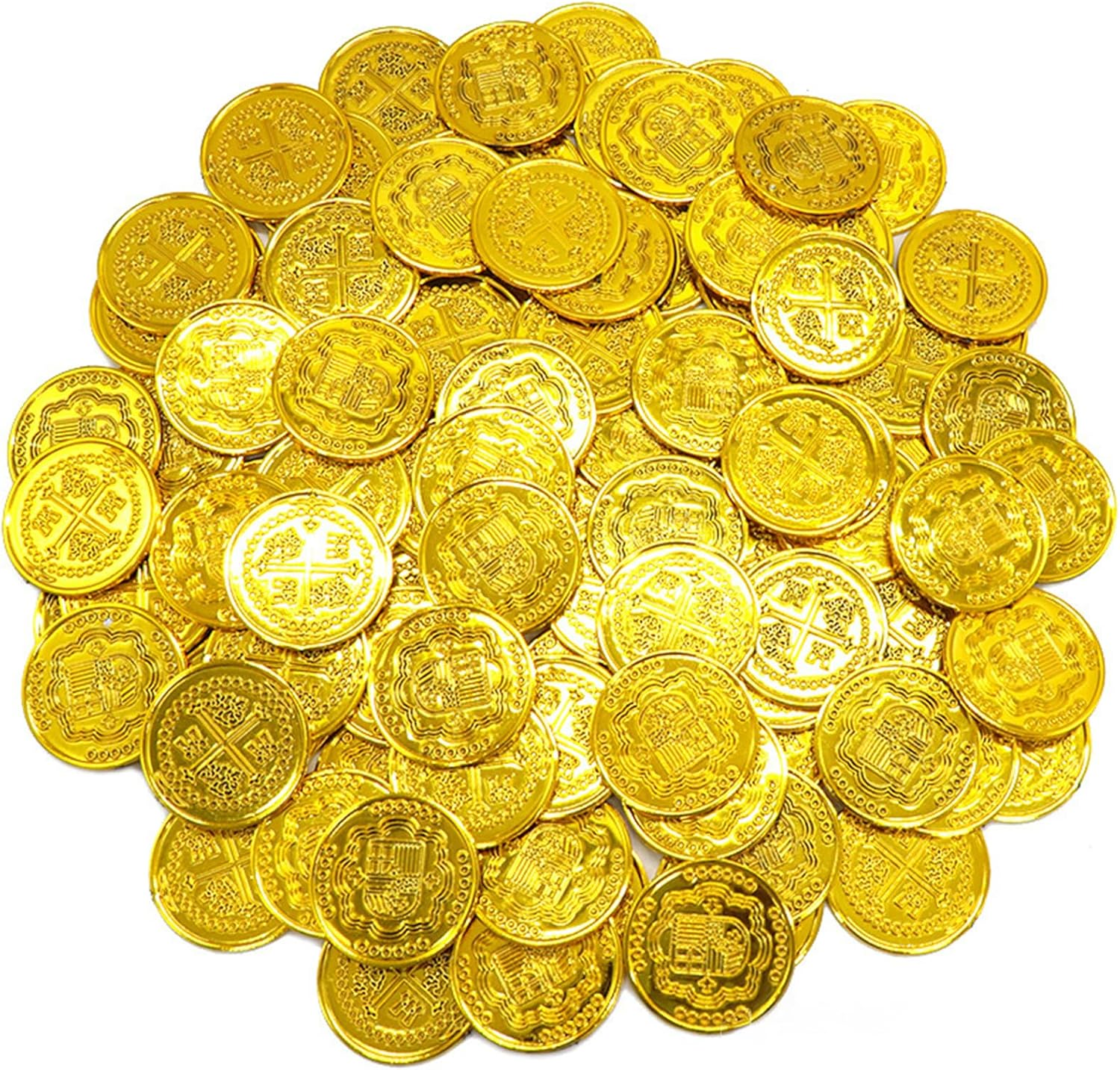 JOWILIN Pirate Coins Set, 100 Pcs Plastic Pirate Gold Coins, Treasure Hunt Coins, Fake Pirate Coins for Pirate Adventure Themed Supplies, Birthday Party Props, Pirate Party Favors image number 3
