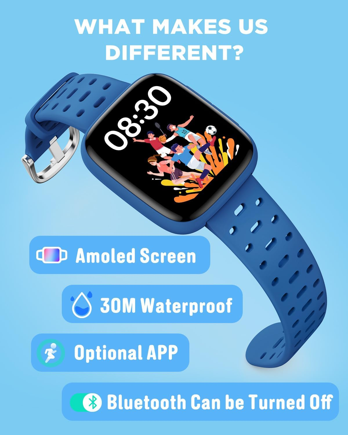 BIGGERFIVE Kids Watch No Phone Needed, 1.8" Amoled Smart Fitness Watch Pedometer, Sleep Tracker, 30M Waterproof, Step Counter, Puzzle Games, 100+ Dials, Gifts for Boys Girls 5-16, Blue image number 5