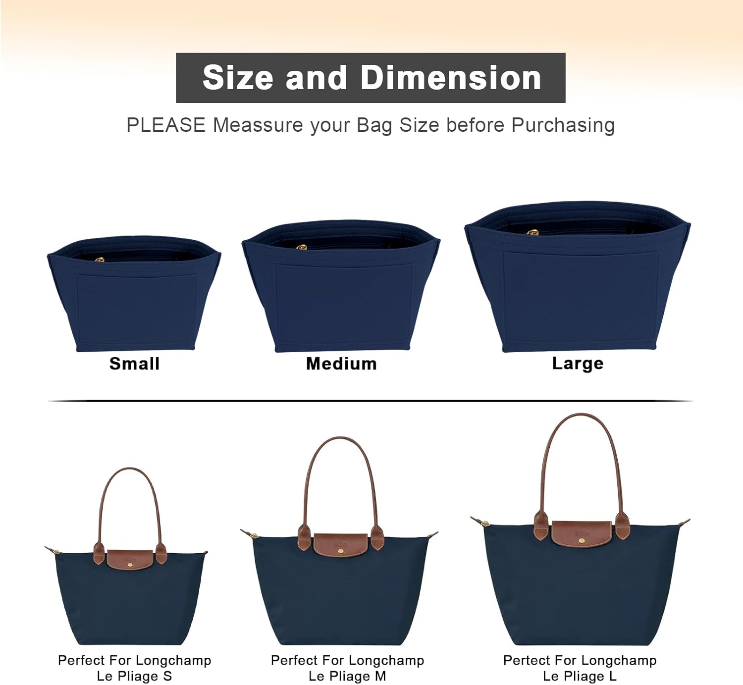 Felt Purse Organiser Insert for Longchamp Le Pliage (Dark Blue, M) image number 2