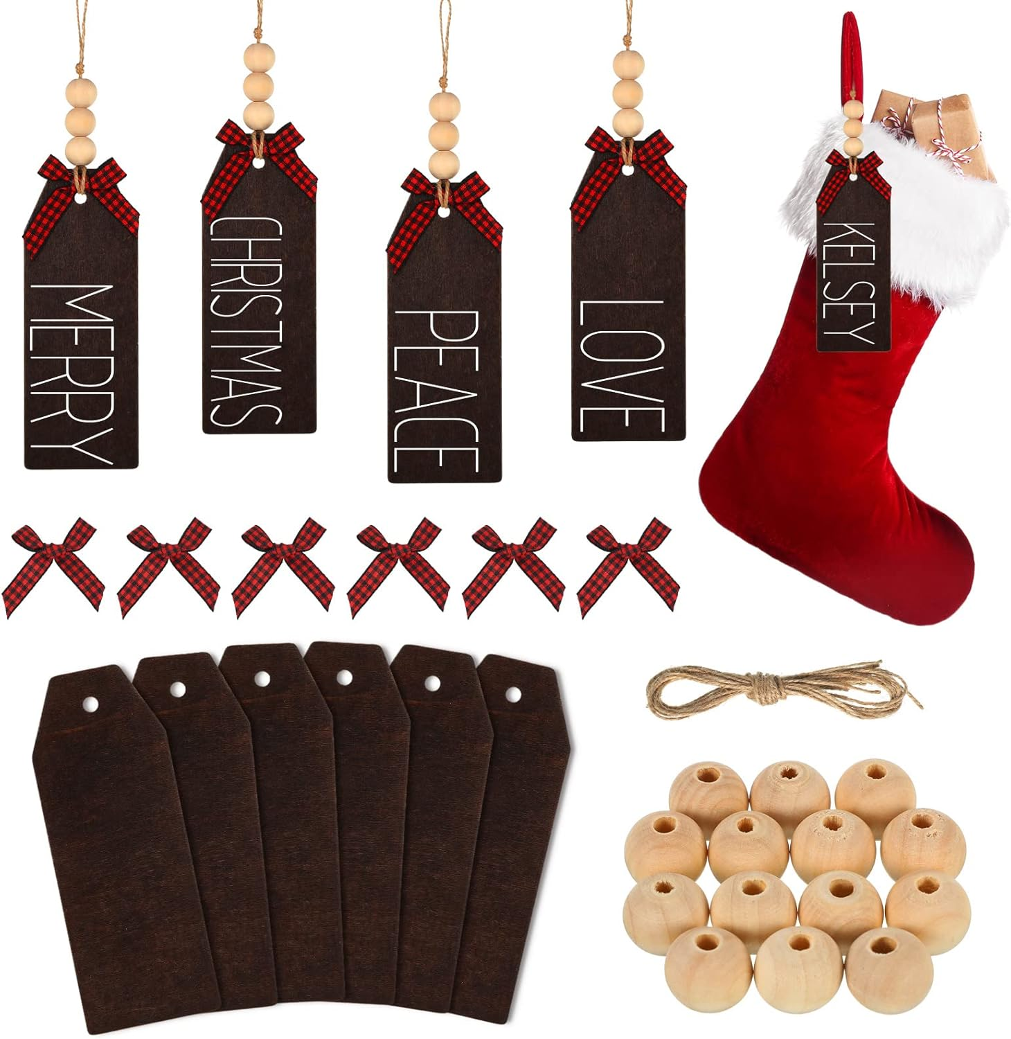 18 Pieces Christmas Wood Stocking Name Tags DIY Stocking Signs Personalized Farmhouse Stockings Name Tag with Buffalo Check Bows for Christmas Closet Xmas Hanging Decoration(Dark Color)