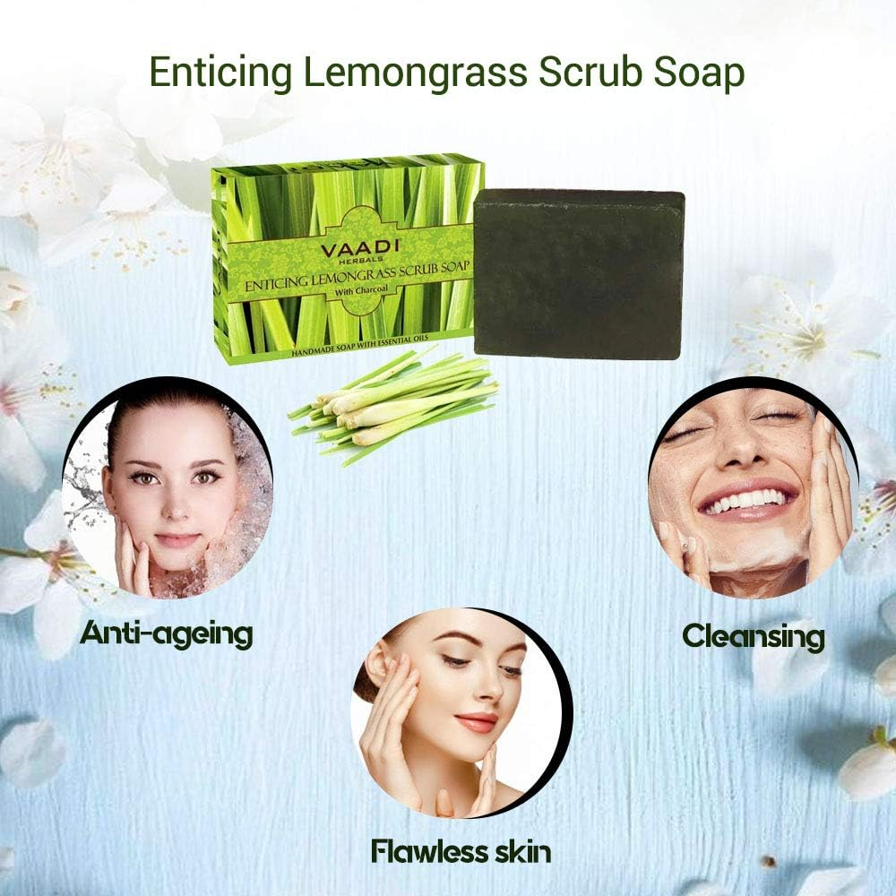Vaadi Herbals Organic Body Soap Bar Enticing Lemongrass Scrub Soap with Activated Charcoal anti Bacterial Body Soap Bar Sulfate Free Exfoliating Soap - Handmade Herbal Soap (Aromatherapy) with 100% Pure Essential Oils - Deep Pore Cleansing Removes Pimples Oil Control All Skin Type 3 X 75 Gm image number 1