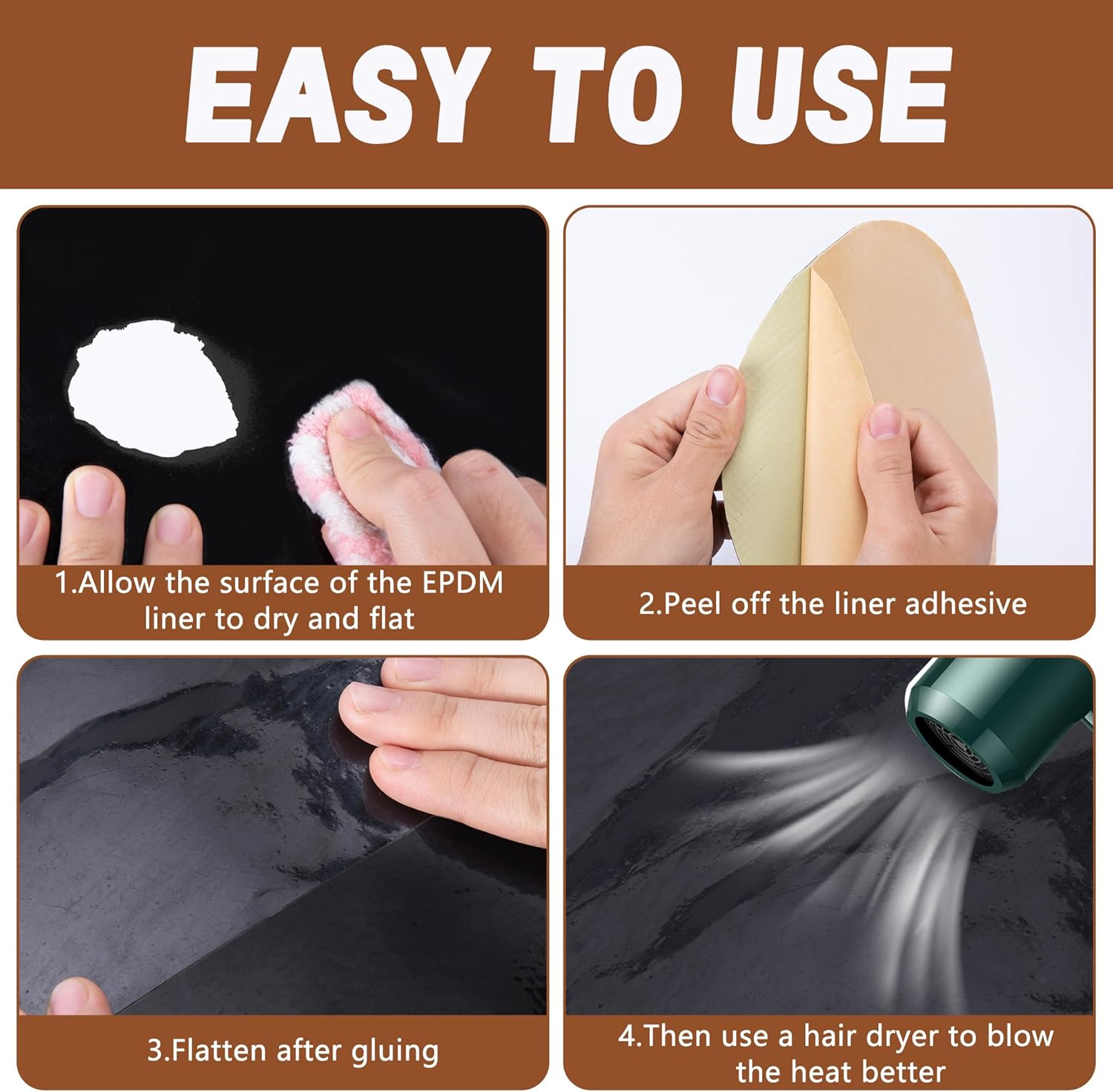 Adnee 2 Pcs Pond Liner Repair Patch-10 Inches round Self-Adhesive EPDM Liner Repair Patch Kit-Thickened Rubber Pond Liner Seam for EPDM Garden Pond Patch Cover Repair - 10Inch-Square image number 5