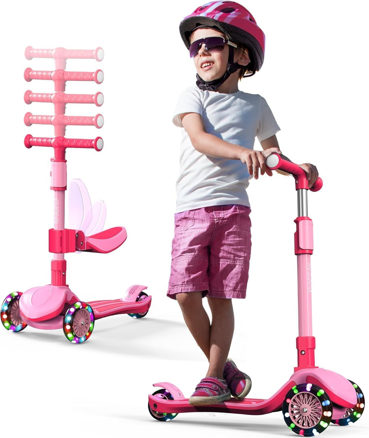 2-In-1 Adjustable Kick Scooter for Kids 3-12 Years,5-Level Handlebar & Removable Seat,Led Light-Up Wheels,Steering Control & Wide Deck,Foldable Design for Indoor/Outdoor Use, (Girls & Boys)