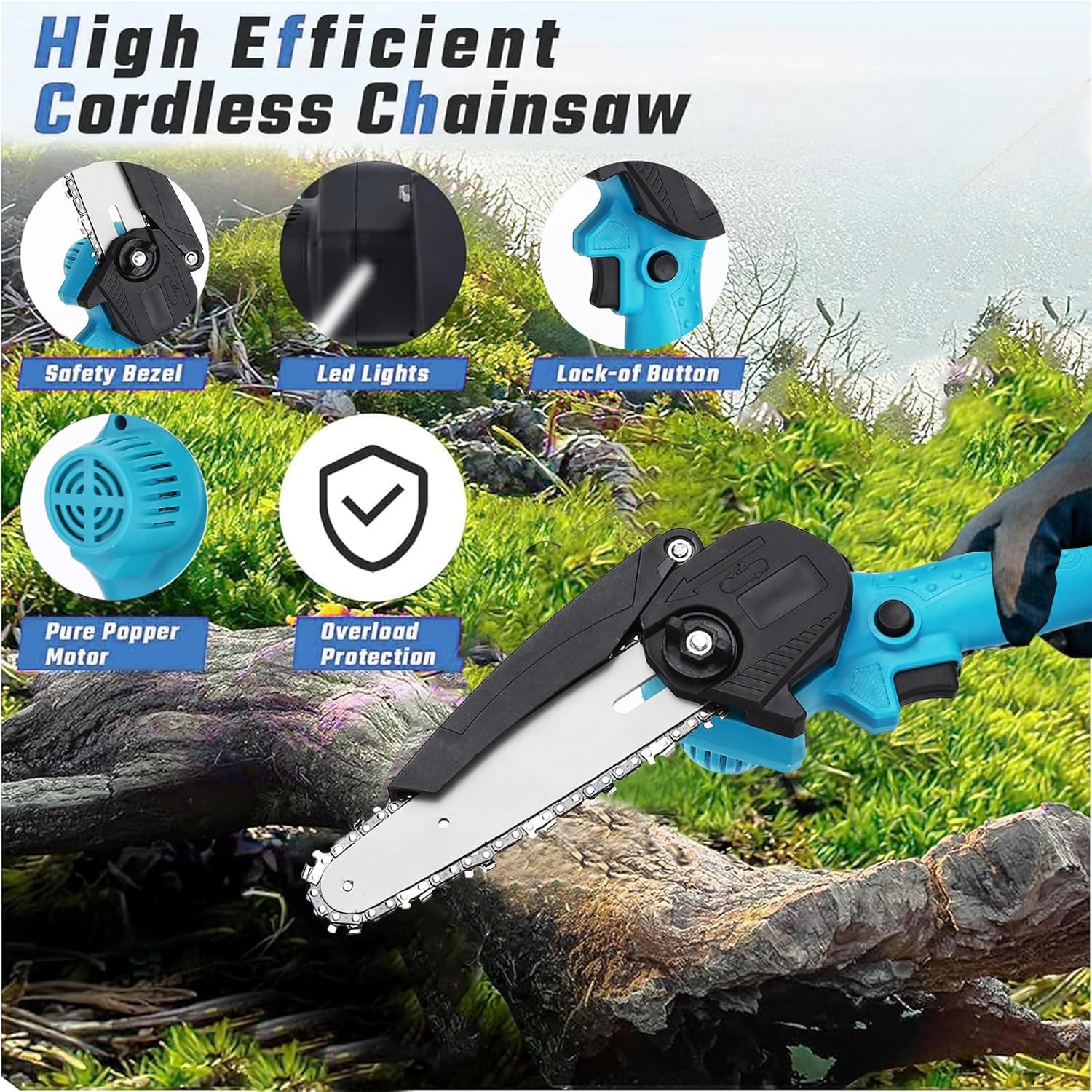 Fitbliss Cordless Mini Chainsaw, 6 Inch Upgraded 24V Electric Chainsaw 2 * 1500Mah Battery Powered, Gardening Branch Wood Cutting, Handheld Mini Chainsaw for Tree Pruning (Blue) image number 4