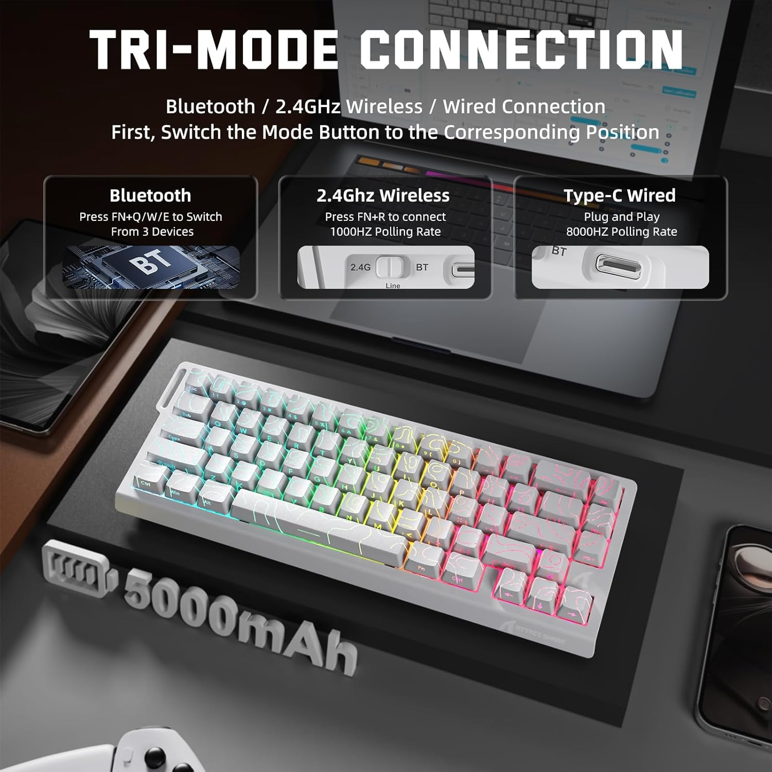 ATTACK SHARK X68 PRO HE Wireless Rapid Trigger Gaming Keyboard with Adjustable Actuation,8K Polling Rate,Hall Effect Magnetic Switch,Hot-Swap,Rgb Backlit,Bt/2.4Ghz/Wired,For FPS Games-White - Black image number 7