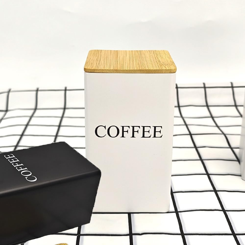 3 Pcs Coffee Tea Sugar Container Set, 1000 Ml Vintage Kitchen Canister Set with Bamboo Lids, Metal Food Storage Container Jars for Kitchen Counter, Farmhouse Kitchen Decor (Black)