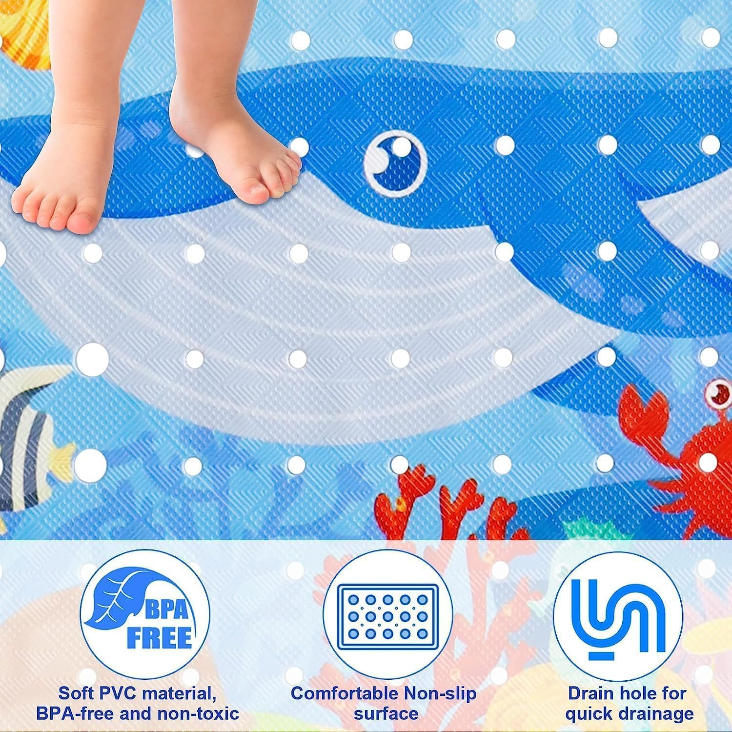 Mumoo Bear Baby Bath Mat for Tub for Kids, 40 X 16 Inch Extra Long Kid Bathtub Mat Non Slip, Cartoon Bath Tub Shower Mat anti Slip with Drain Holes and Suction Cups (Shark, 40 * 16In) image number 3