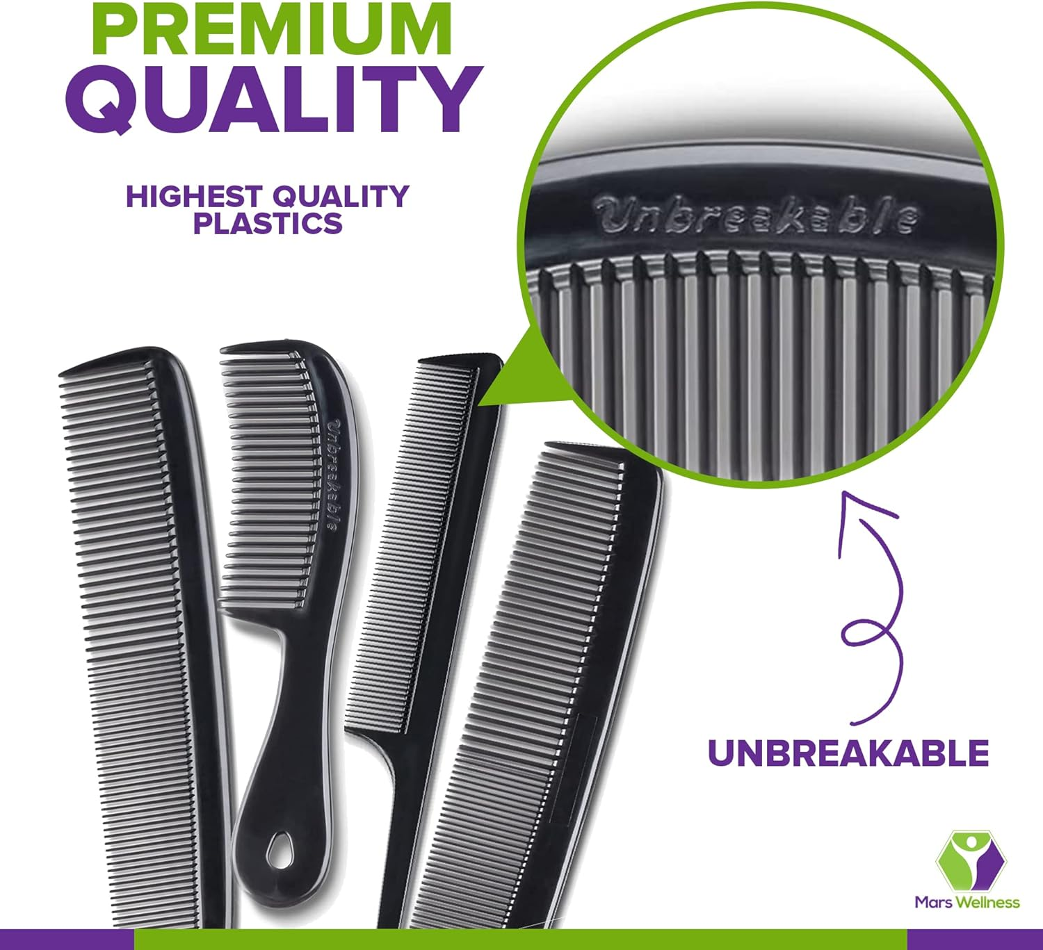 Mars Wellness 4 Piece Professional Comb Set Black - USA MADE - Fine Pro Tail Combs, Dresser Hair Comb Styling Comb - Premium Grade for Men and Women - Parting Teasing and Styling image number 6