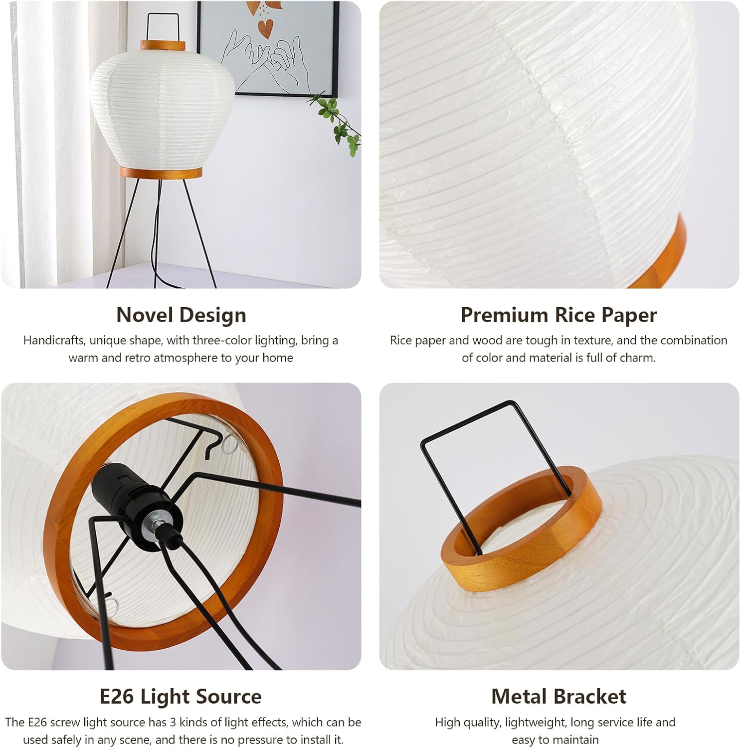 Noguchi Paper Floor Lamp, Akari Rice Paper Floor Lamp for Wabi Sabi Decor, Ideal for Bedside, Living Room, and Japandi D&eacute;cor (Wooden) image number 2