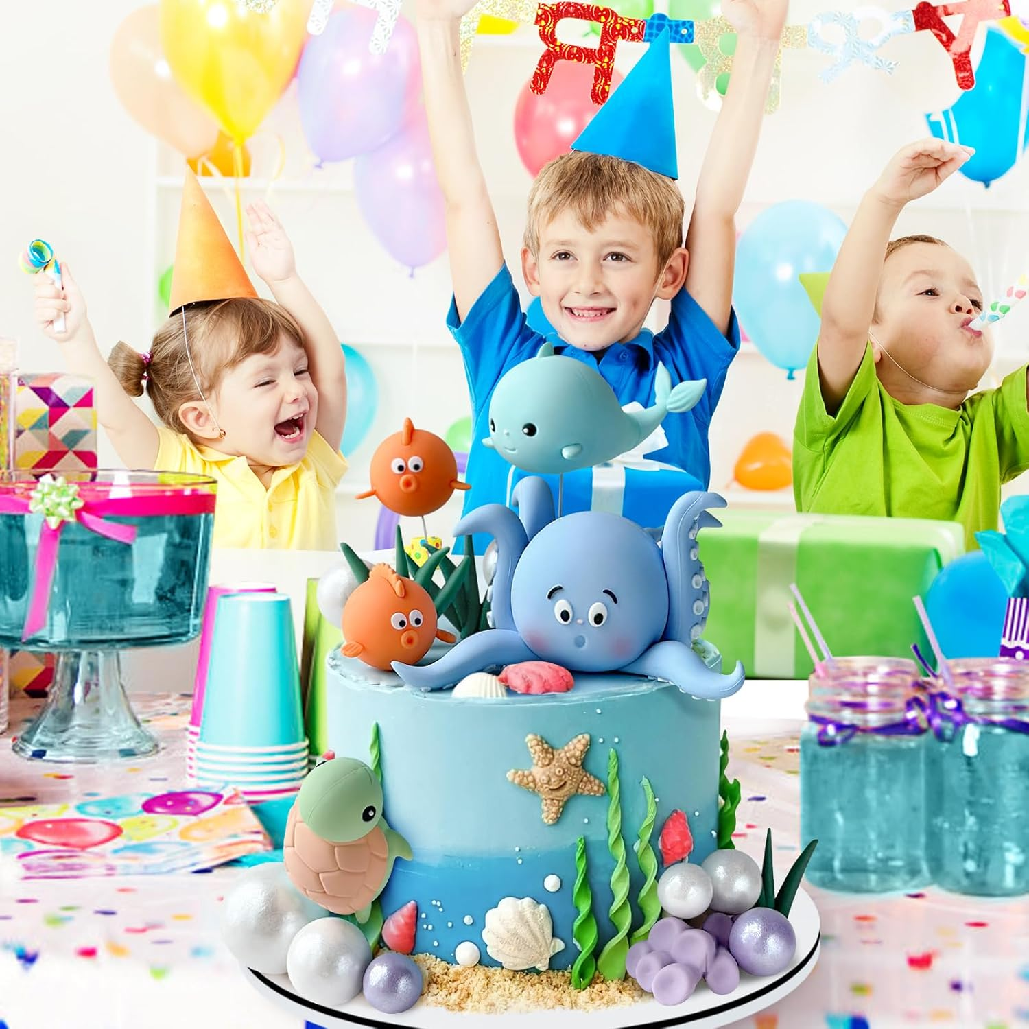 17 PCS under the Sea Cake Decorations Ocean Animals Cake Topper with Cake Balls Decorations for under the Sea Theme Boys Girls Baby Shower Birthday Party Supplies