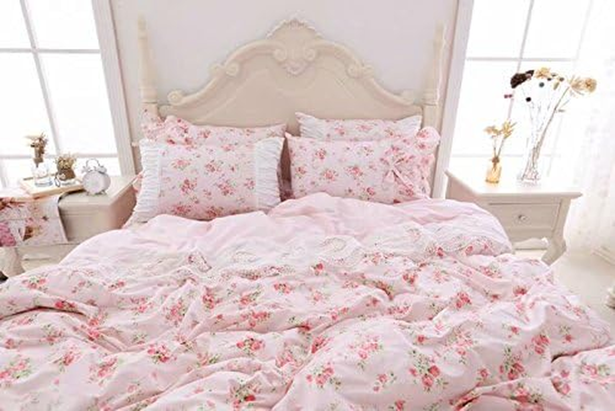 LELVA Romantic Roses Print Duvet Cover Set with Bed Skirt Pink Lace Ruffle Floral Shabby Chic Bedding Sets Twin 4 Piece
