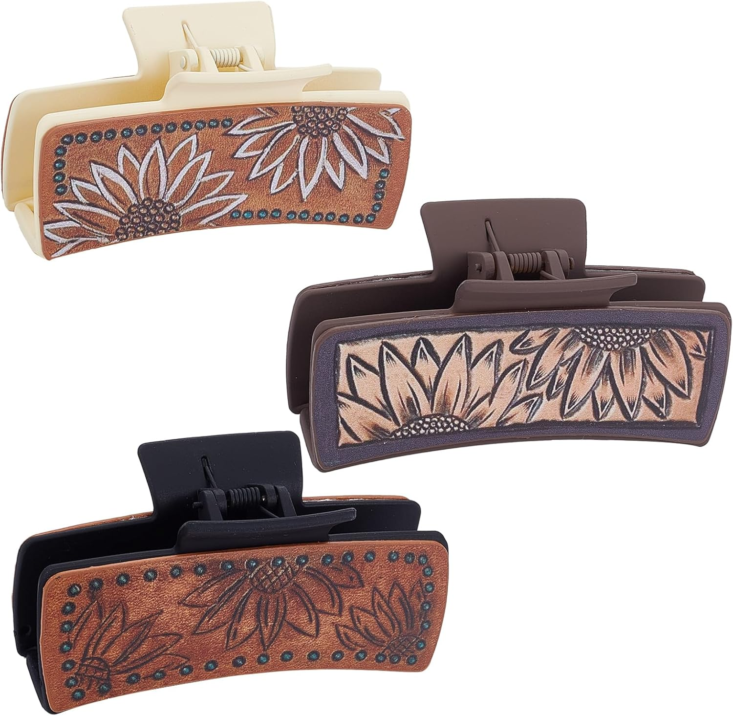 NICENEEDED 3 PCS Sunflower Hair Claw Clips, 1.7 X 4.1 Inch Matte Leather Floral Western Large Hairpins, Hair Accessories for Women Long Short Hairstyle