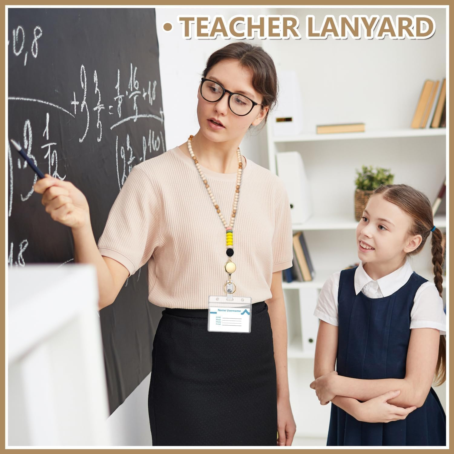 Teacher Lanyard with Id Holder, Cute Lanyards for Id Badges Keys, Retractable Natural Wooden Beaded Lanyard for Women image number 3