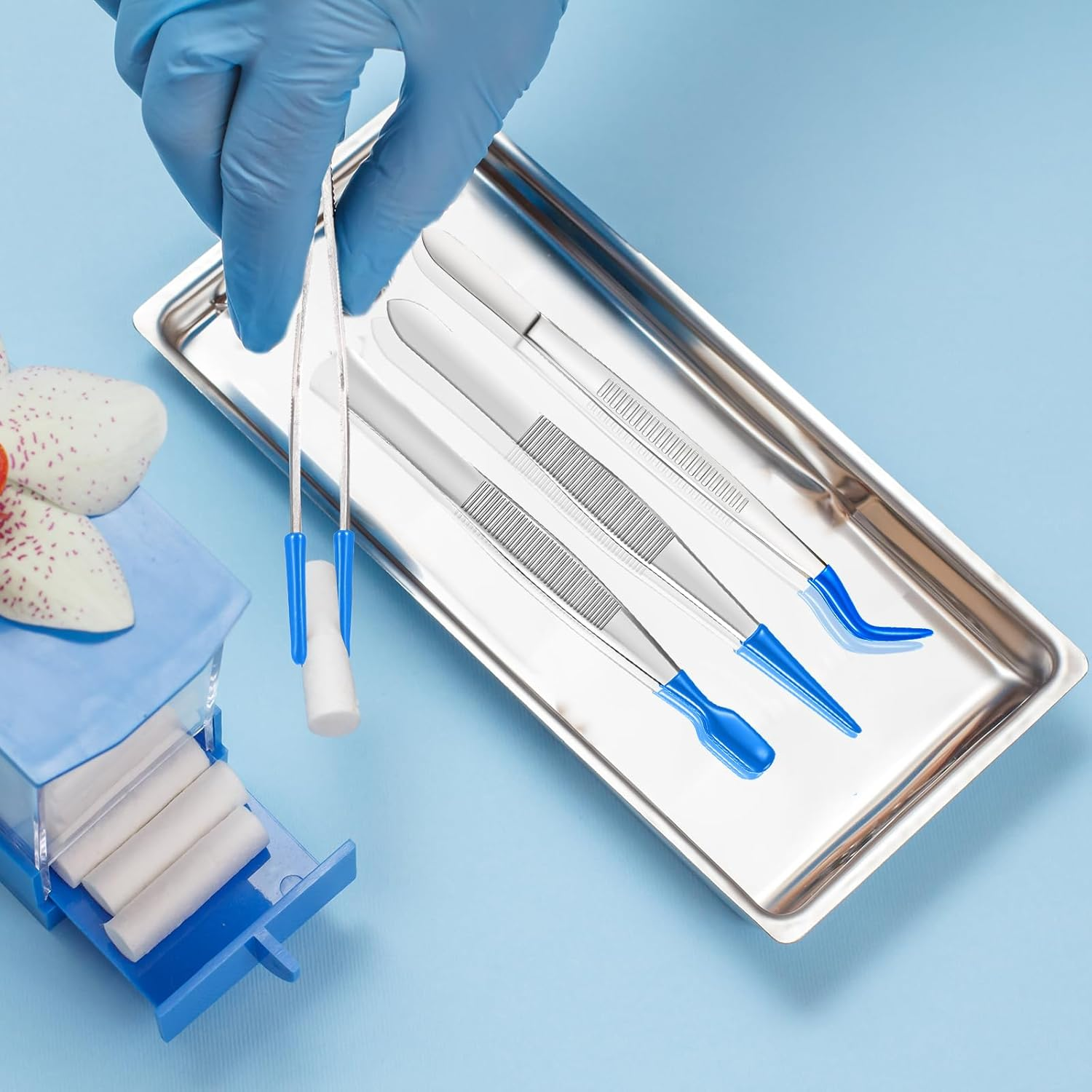 Honoson 3 Pieces Tweezers with Rubber Tips PVC Coated Set Rubber Straight Flat Tip Long Bent Tweezers for Crafts Stamps Beads Jewelry Tools(Blue)