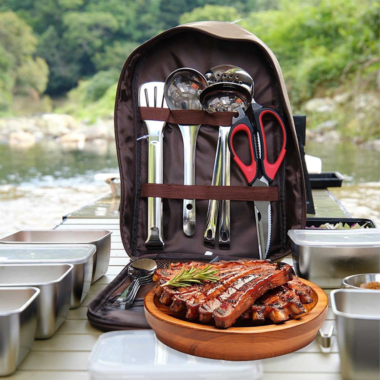 8Piece Camping Cookware Travel Set with Storage Box ，Camping Kitchen Utensils Kit with Spoon, Scissors, Knife, Ladle, Cutting Board, Slotted Turner, Peeler, BBQ Tongs image number 4