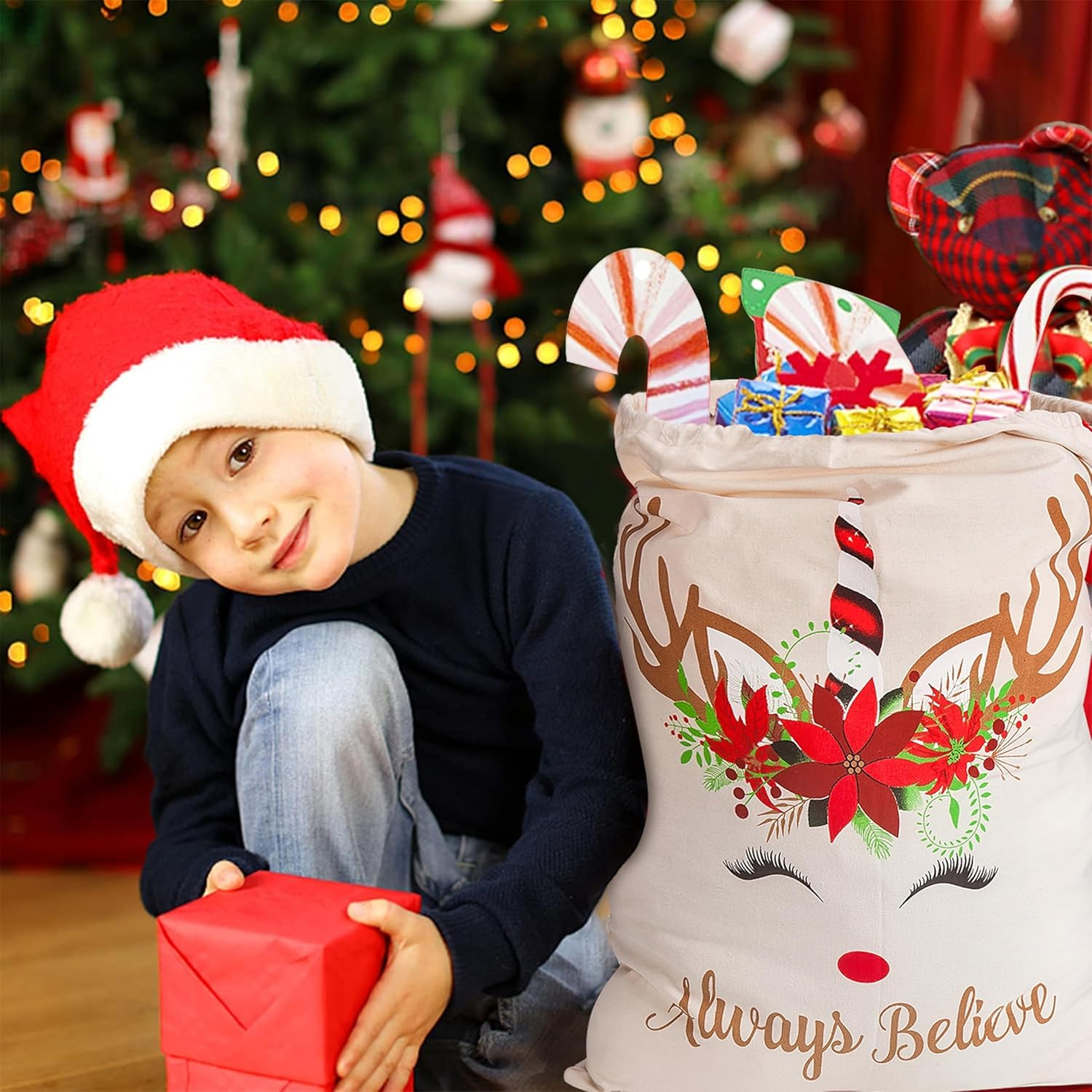 Xinblueco Santa Sack 2 Pack Christmas Unicorn Canvas Santa Bag with Drawstring Xmas Personalized Gift Bag Extra Large Christmas Sacks Size 27.5"X19.5"(Unicorn) - Unicorn image number 2